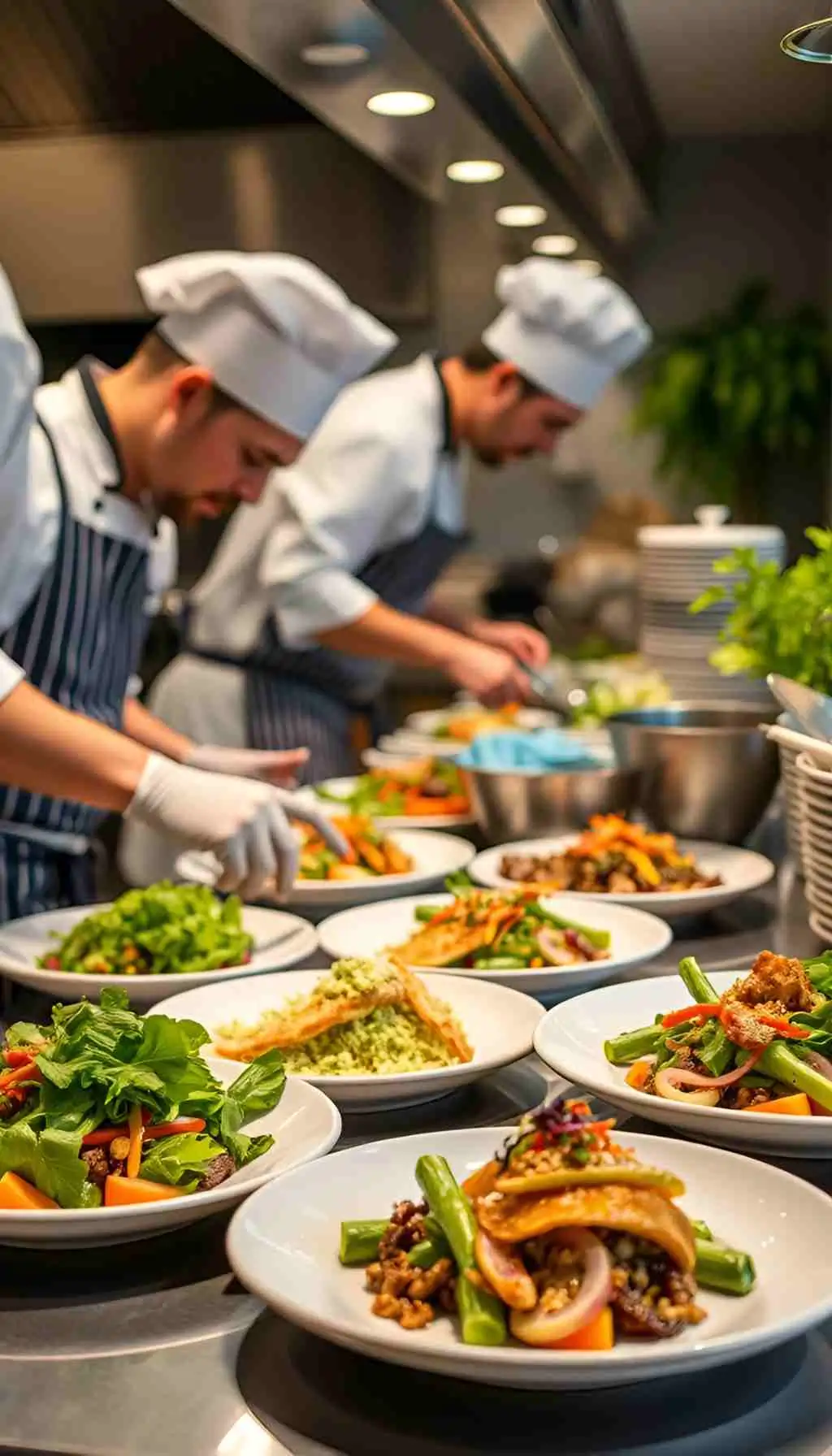 Chefs plating fibre-rich, pulse-based dishes during restaurant service, reflecting the gut health food trend and safe legume preparation