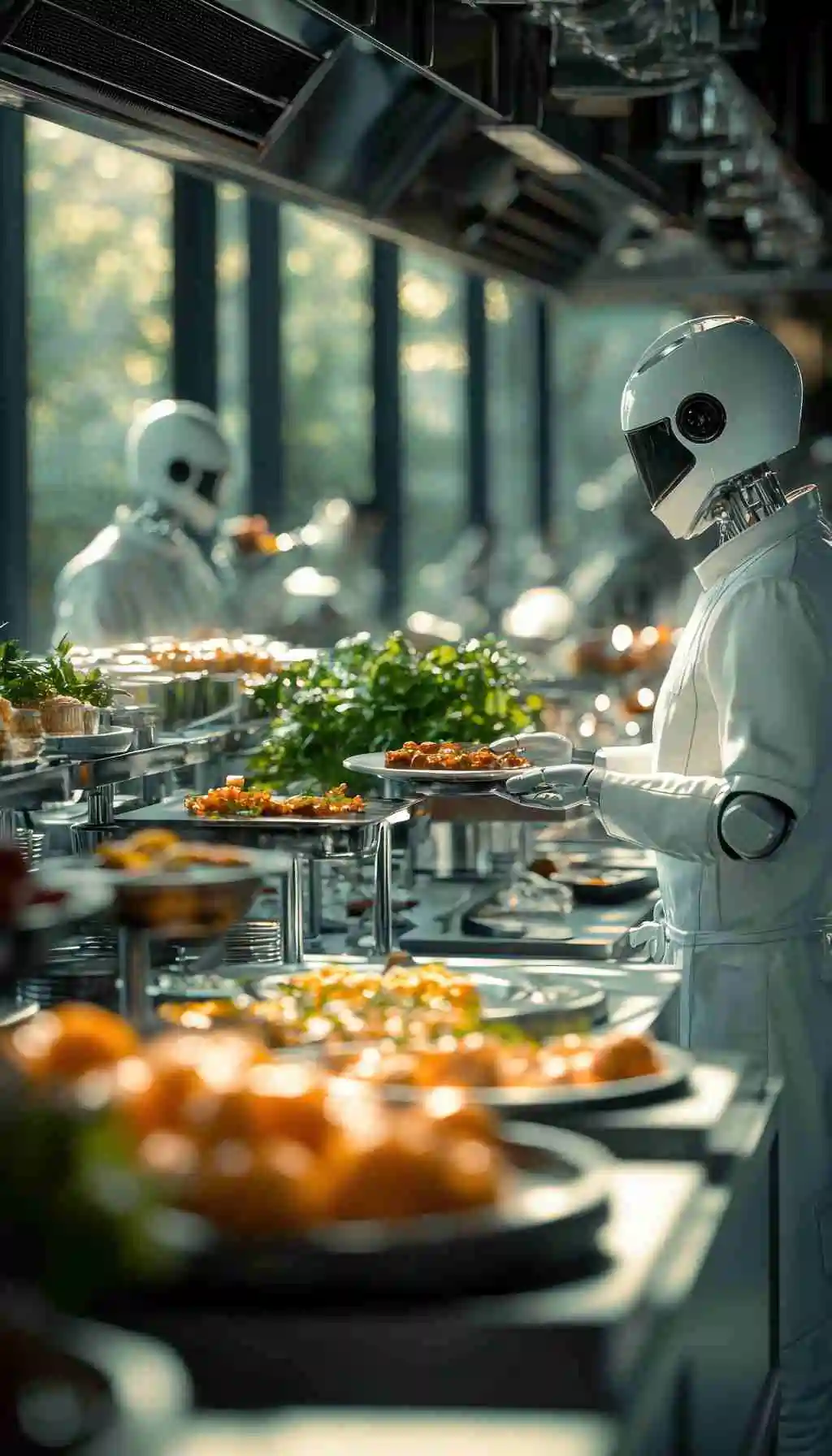 Futuristic hotel kitchen using AI automation and robotics to manage food preparation, safety, and operational efficiency