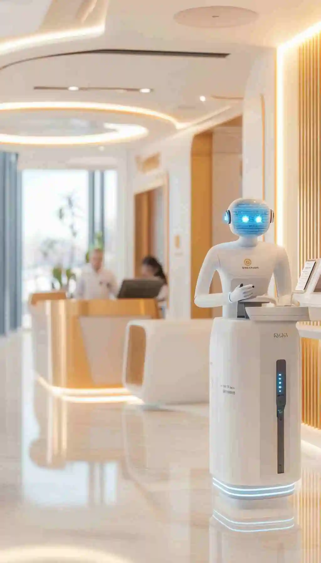Hotel reception area using smart service technology to support guest check-in and front-of-house operations