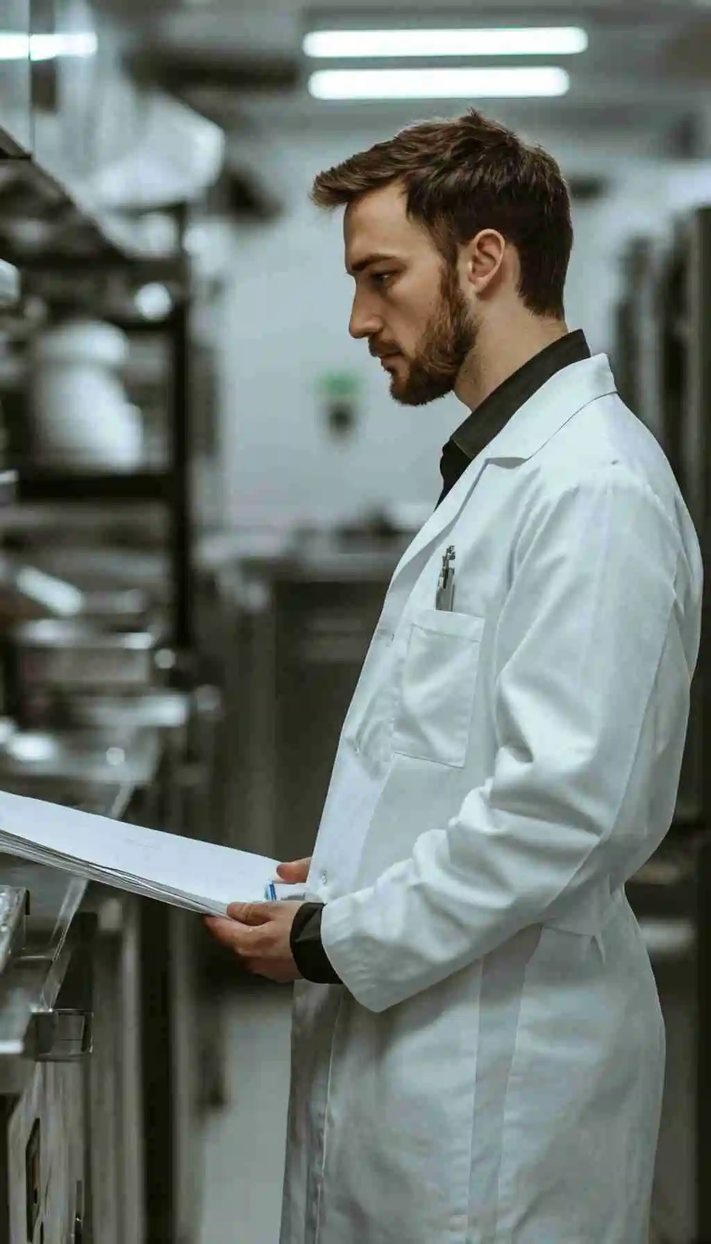 Hotel kitchen staff member reviewing paper food safety and compliance documents in a commercial kitchen