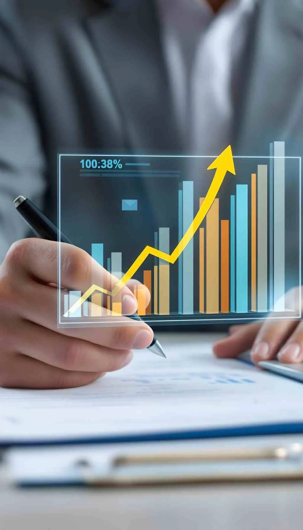 9% VAT Savings Growth Strategy for Irish Hospitality Businesses Rising profit chart overlaid on business owner analysing finances, illustrating how Irish hospitality businesses can reinvest 9% VAT savings into kitchens and staff training.