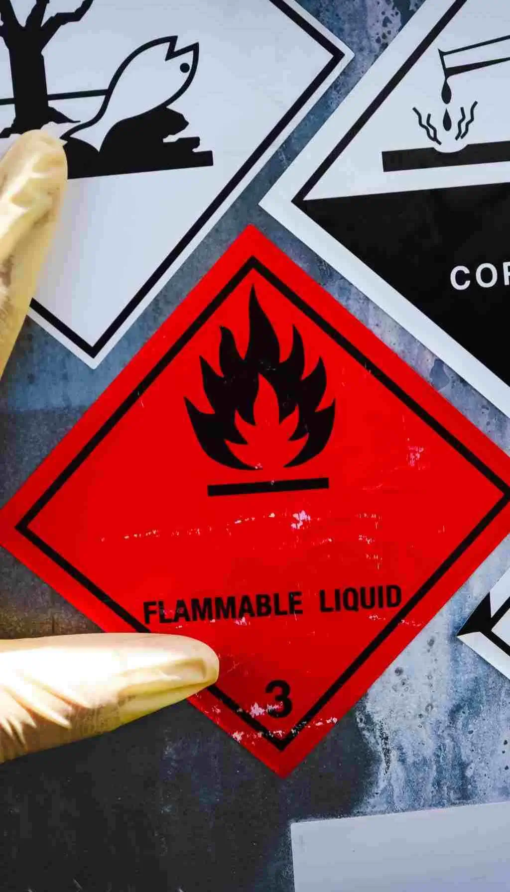 Close-up of flammable liquid hazard label and other chemical warning symbols, with a gloved hand applying the label as part of chemical safety and CLP compliance.