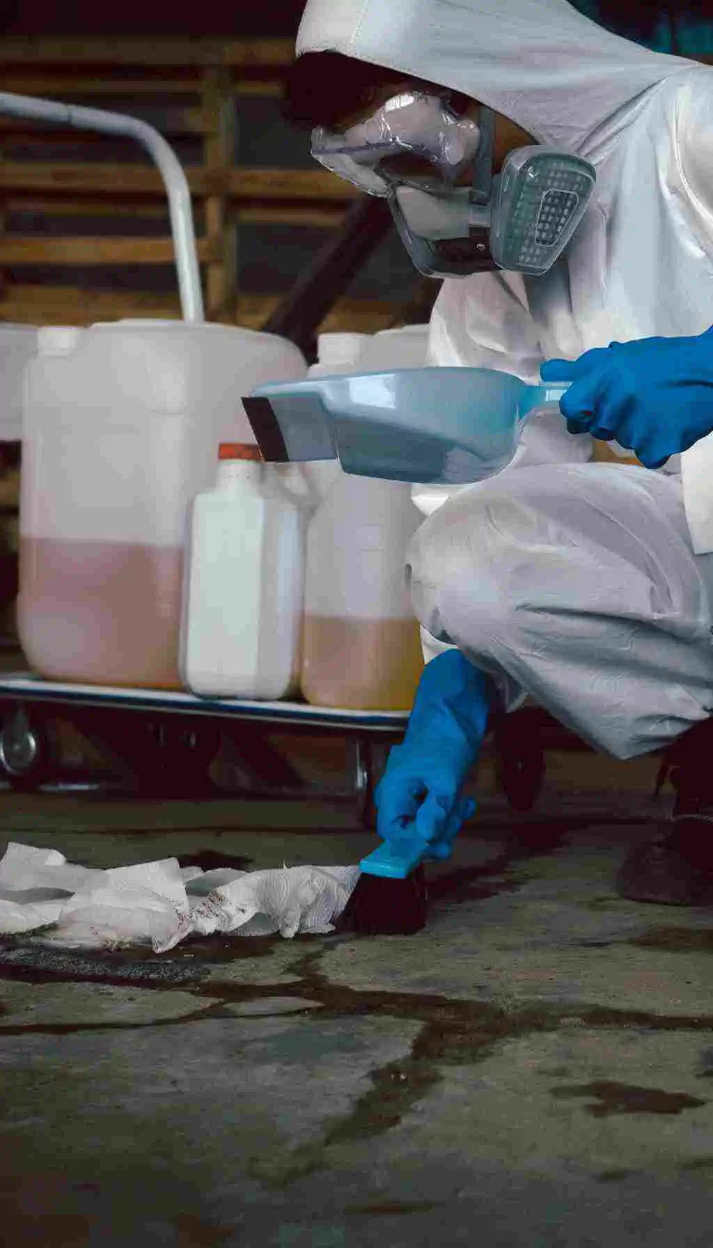 Worker in protective suit, gloves, and respirator cleaning a chemical spill on the floor using absorbent materials and a dustpan.