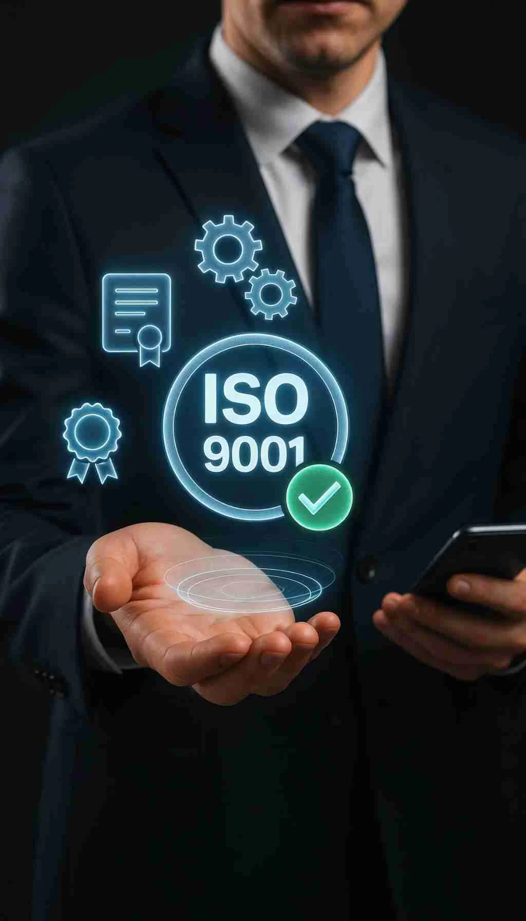 ISO 9001 Certification: Elevating Business Quality and Compliance Business professional holding a holographic ISO 9001 certification icon representing quality management and compliance.