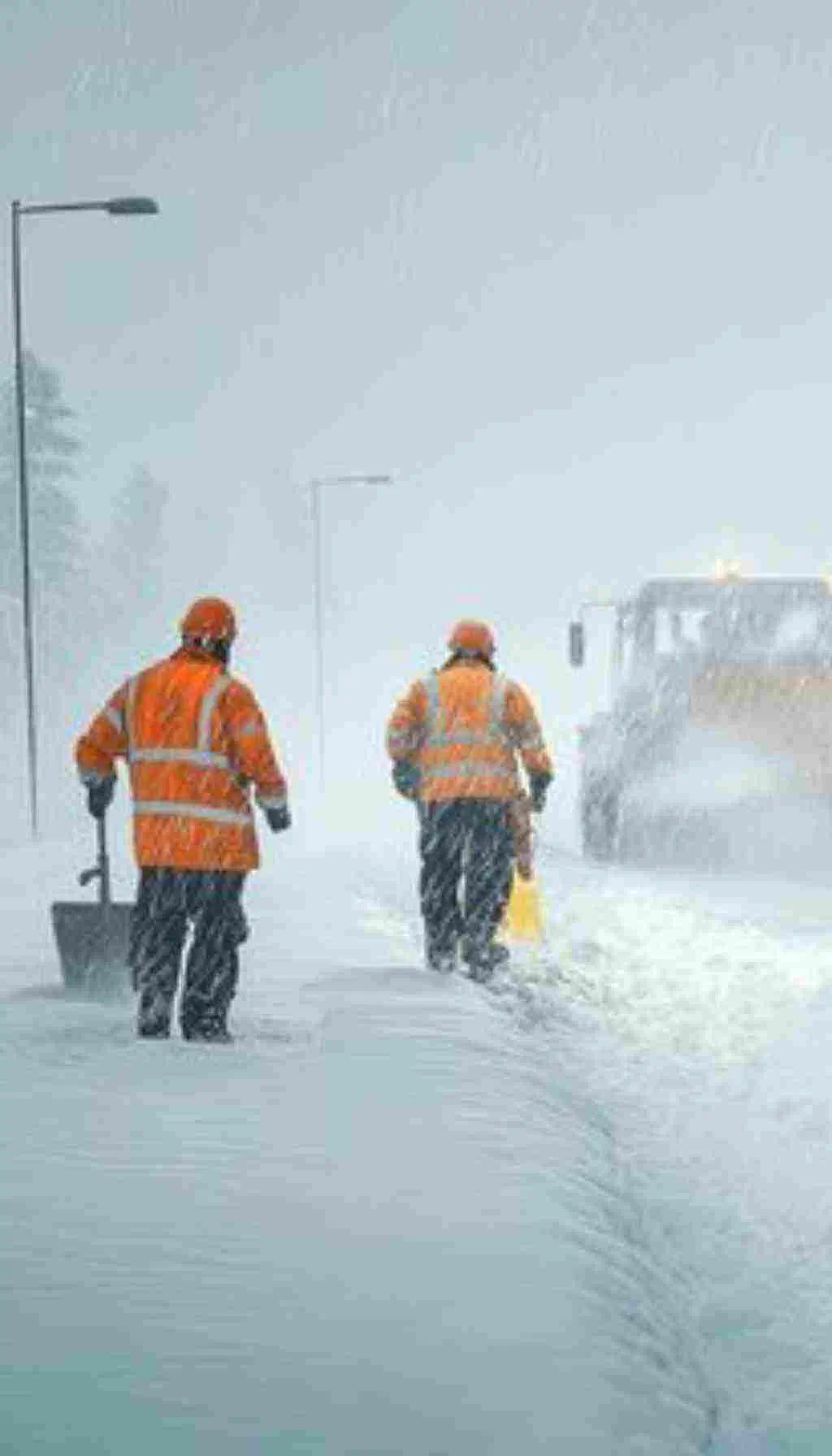 Two road workers wearing high-visibility jackets clearing snow during a heavy winter storm with a snowplow in the background
