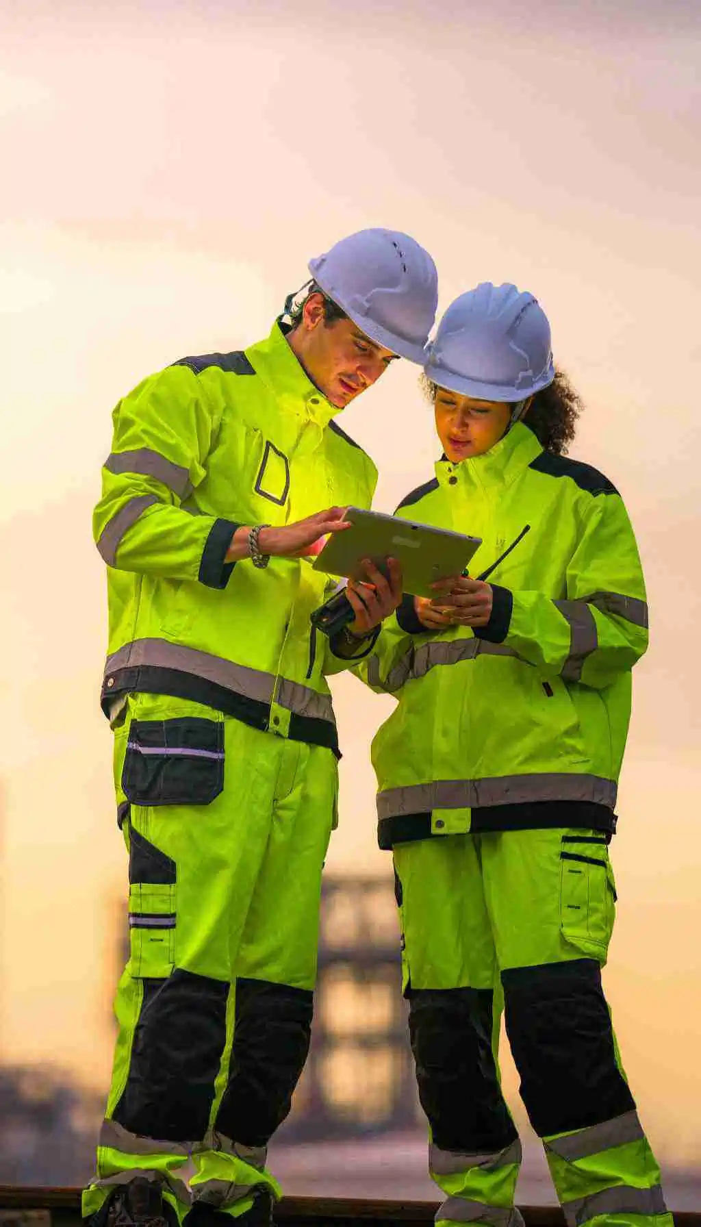 Two construction safety professionals in high-visibility jackets and helmets reviewing inspection data on a digital tablet at a worksite during sunrise, symbolising proactive workplace safety compliance in Ireland.