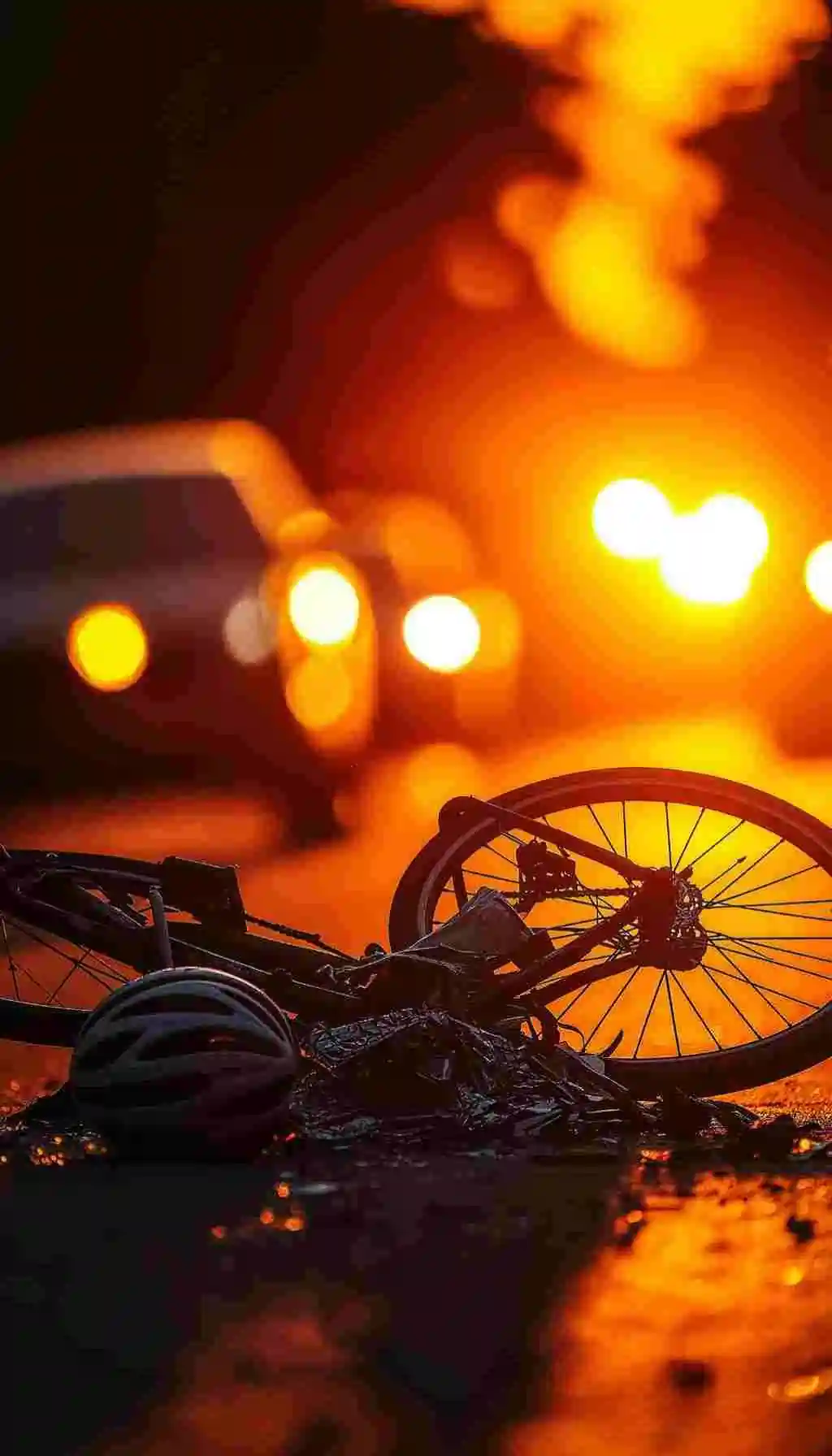 Bicycle and helmet lying on the road after an accident with cars in the background during sunset