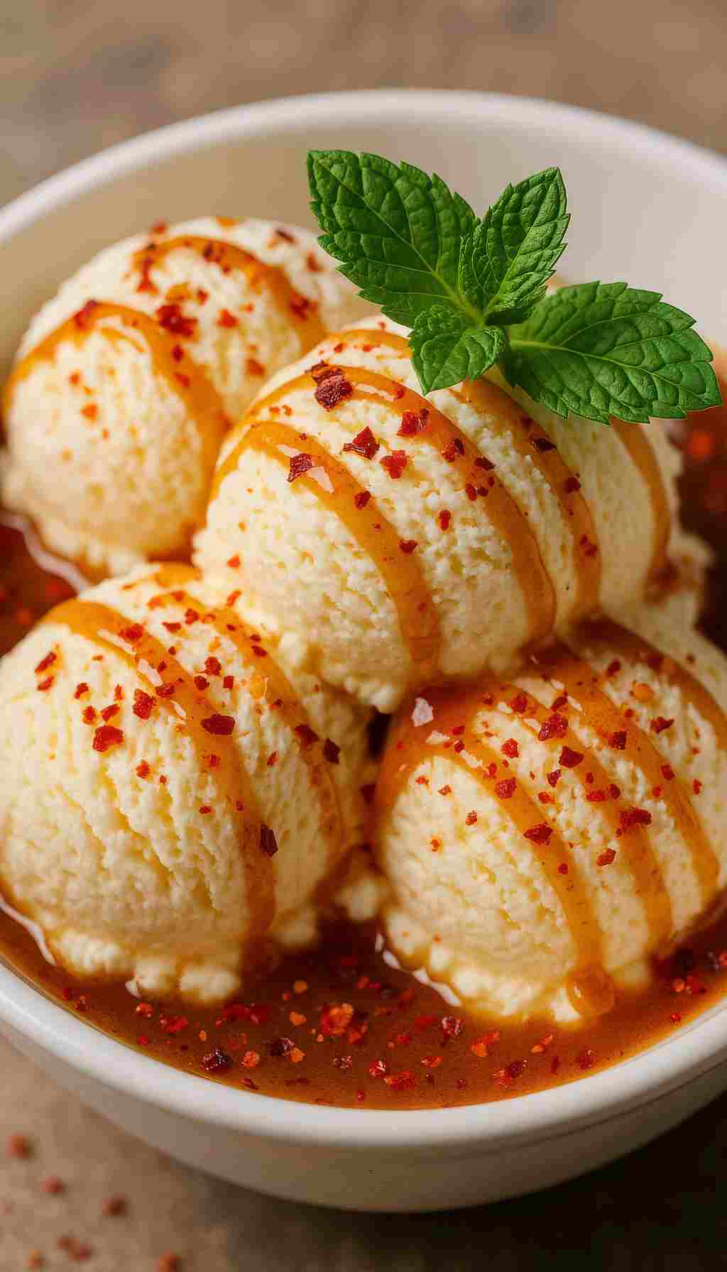 Scoops of vanilla ice cream topped with spicy honey drizzle, chili flakes, and fresh mint leaves.