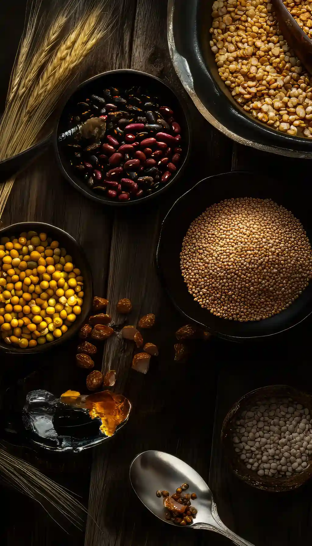 Assorted dried pulses, beans, lentils, and whole grains displayed on a dark surface, highlighting fibre-rich foods used in gut health menus