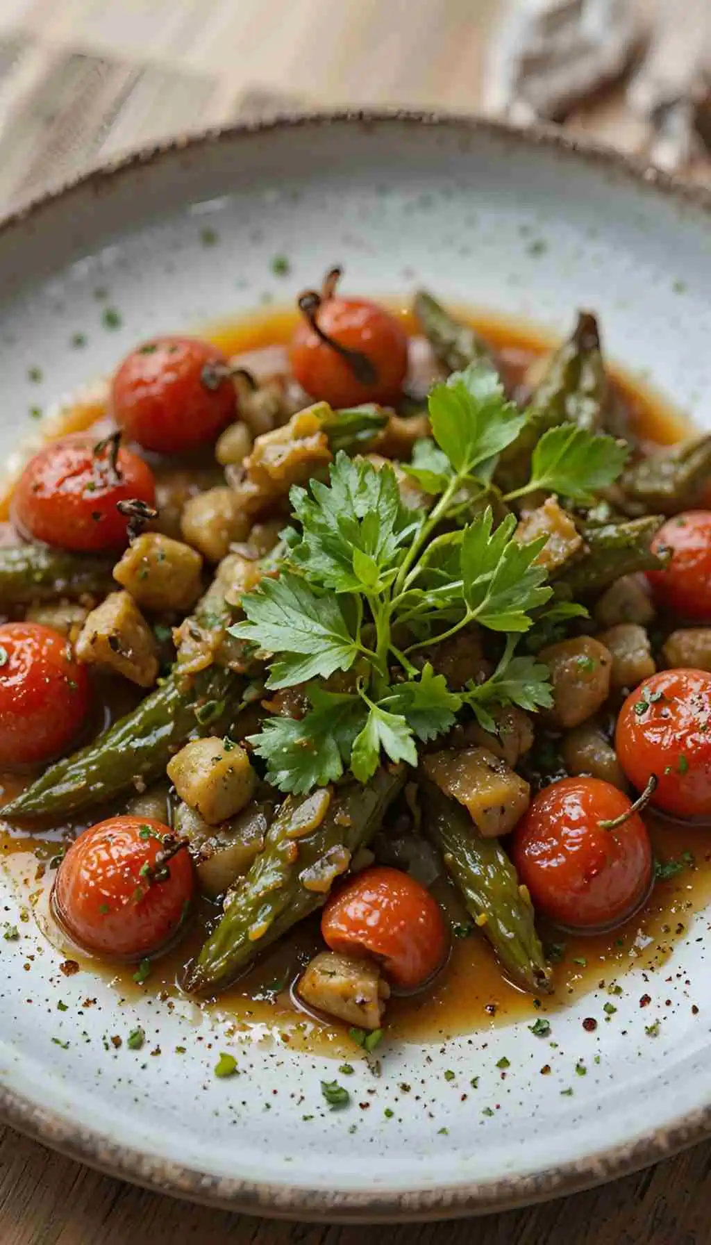 A plate of Mediterranean-style okra stew with cherry tomatoes, diced vegetables, fresh herbs, and a rich tomato-based sauce.