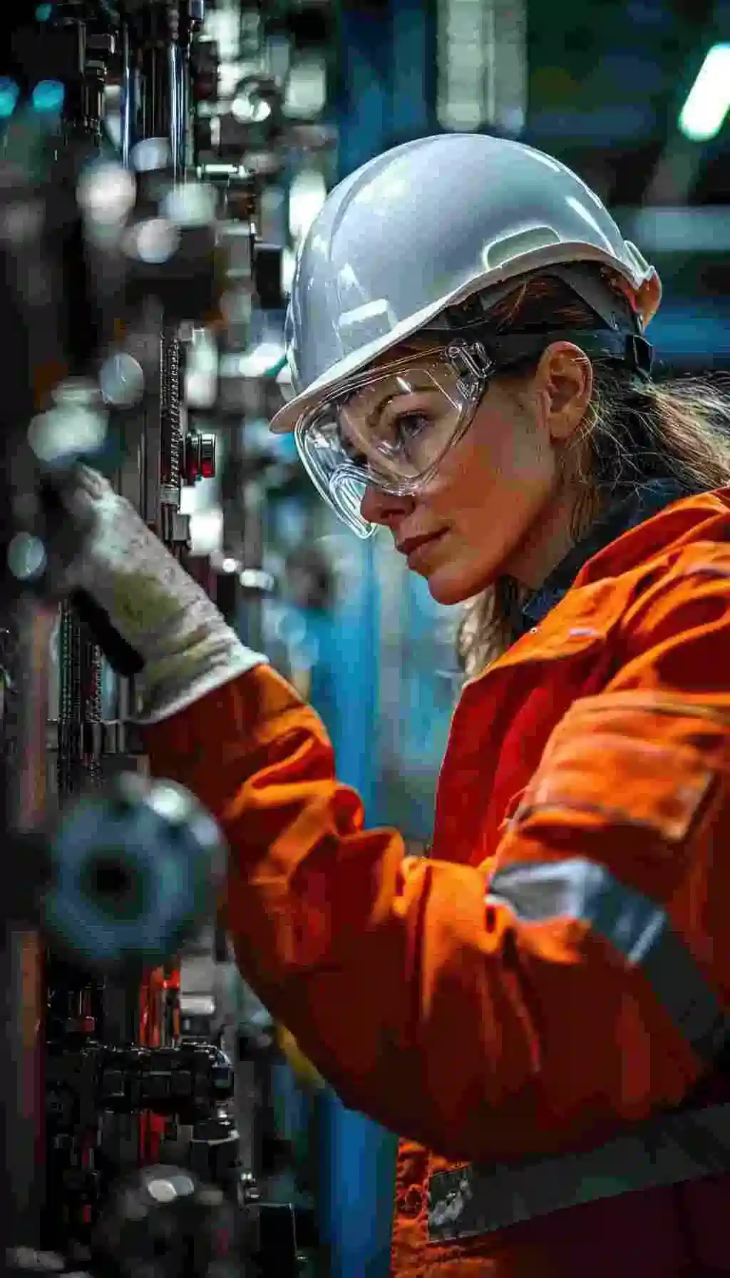 Female engineer inspecting industrial equipment in safety gear, representing Ireland’s shift toward digital safety, training, and quality management.