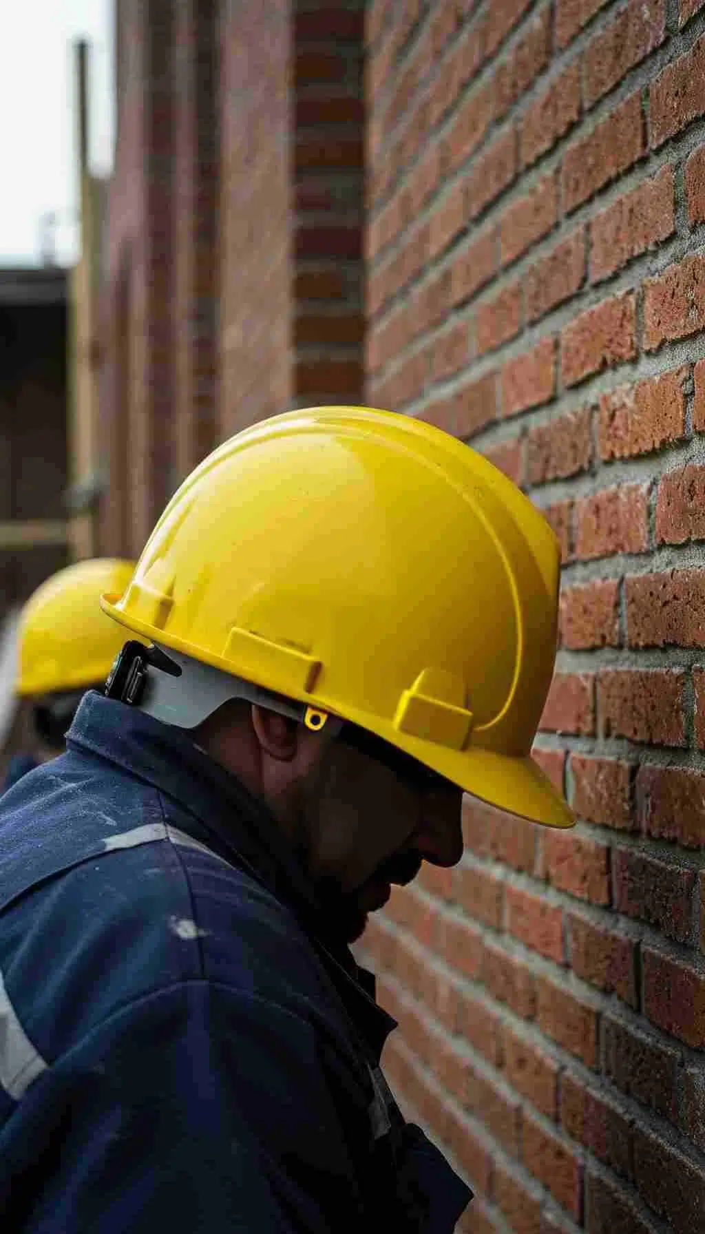 Psychosocial Safety in the Workplace: Supporting Mental Health on Site Construction worker wearing a yellow hard hat leaning against a brick wall, representing workplace stress and mental health awareness