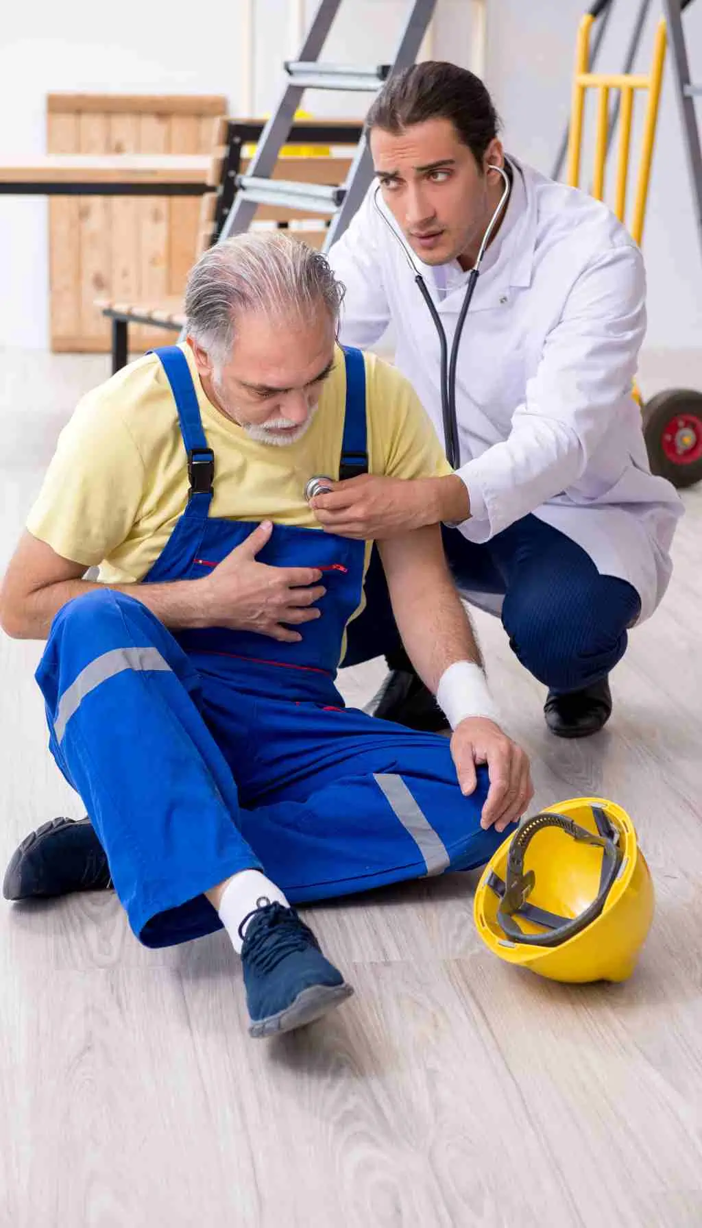 Workplace Medical Emergency: Prioritizing Health in Safety Management A doctor assisting an injured construction worker experiencing chest pain on-site, symbolizing the importance of workplace health and safety response