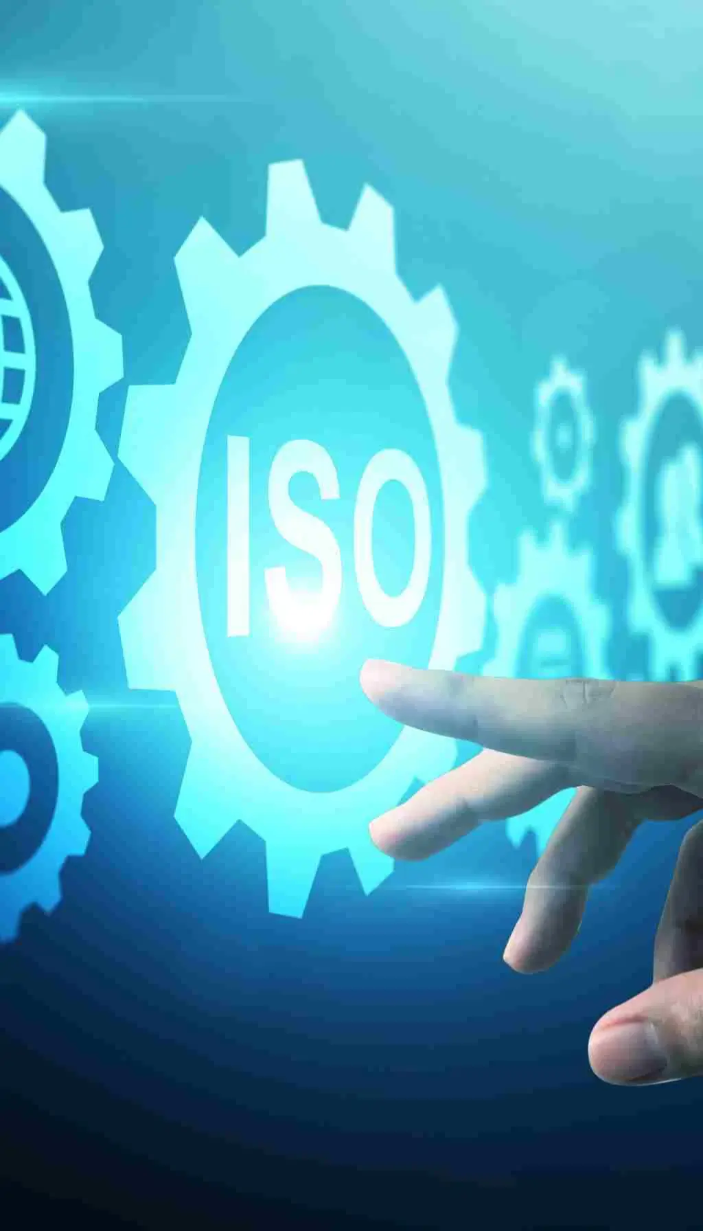 Hand interacting with a glowing digital ISO gear icon, symbolising quality management systems and continuous improvement.