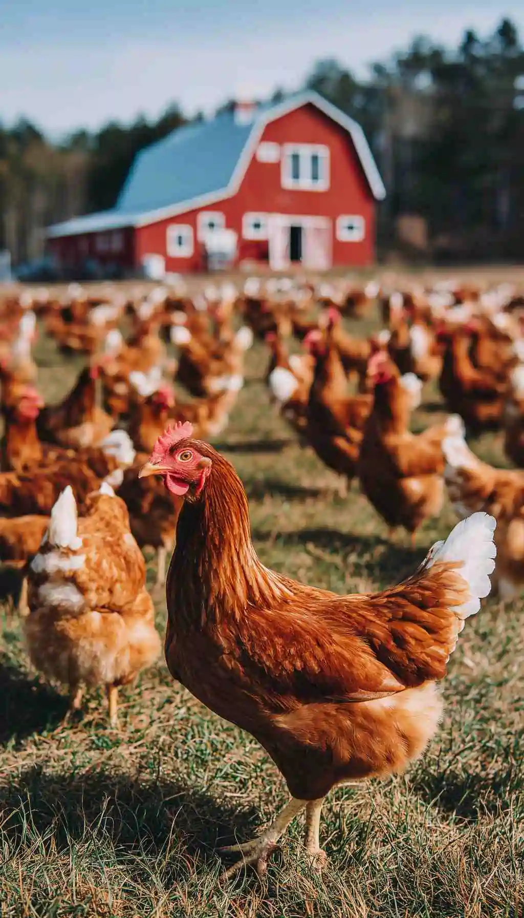 Free-range chickens roaming on open farmland with a red barn in the background.