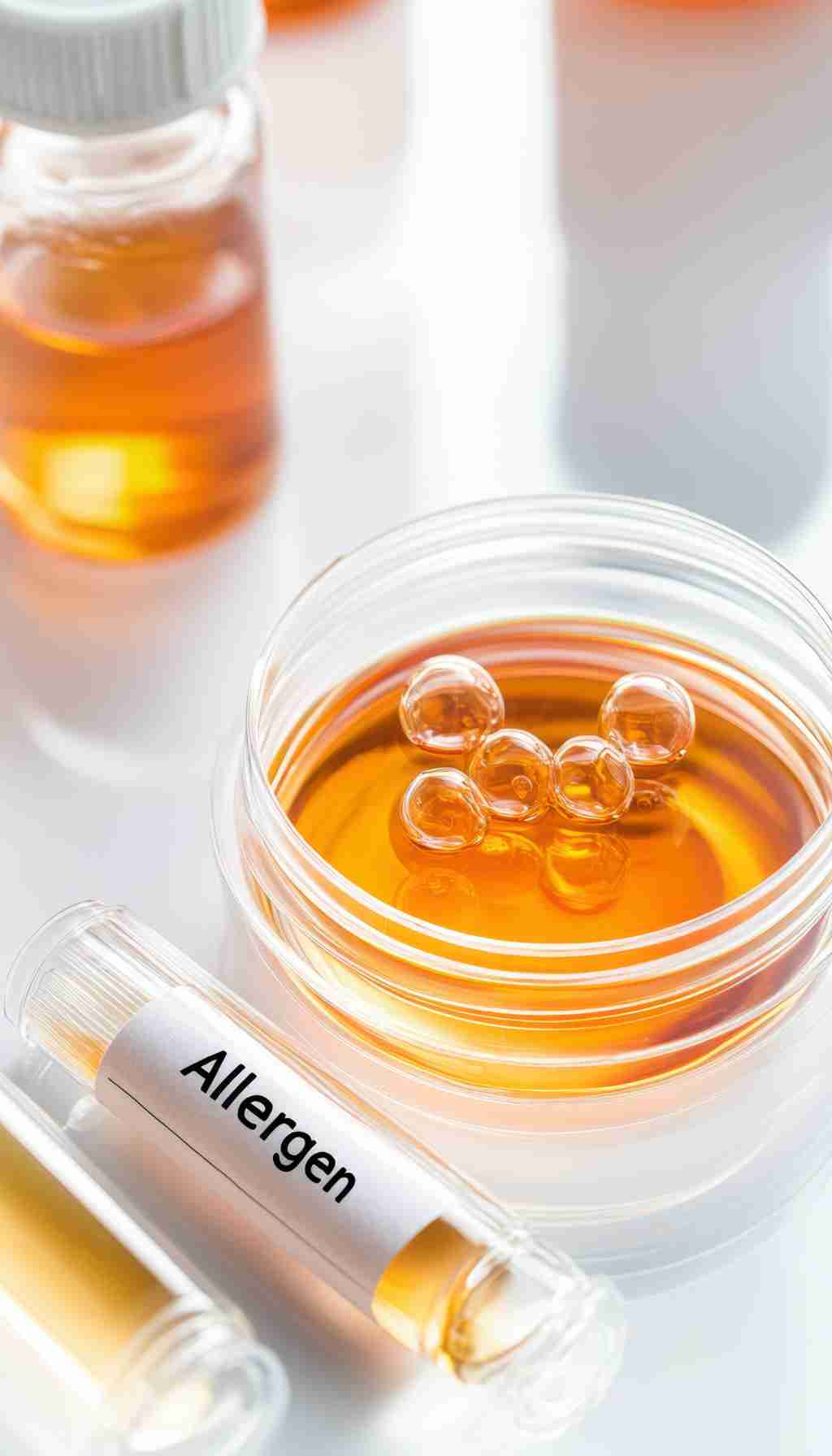 Laboratory Allergen Testing Samples for Food Safety Compliance Allergen testing vials and a Petri dish filled with amber liquid used for food allergen analysis in a laboratory.