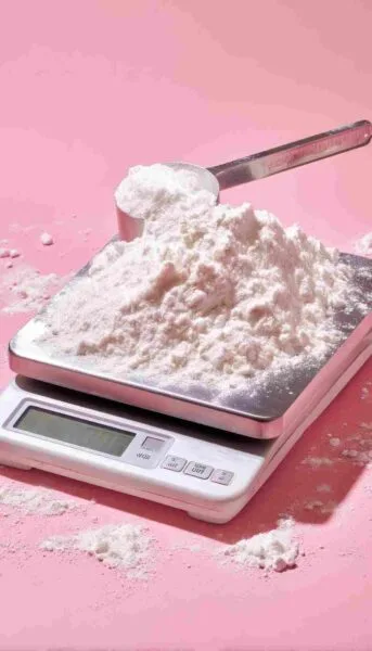 A digital kitchen scale covered with a mound of flour and a metal measuring scoop, symbolising precise weighing and standardised measurements in cooking or baking.
