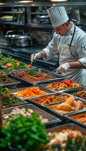 Chef in a commercial kitchen plating food from stainless-steel trays filled with vegetables, pasta, meats, and hot dishes along a canteen-style service line.