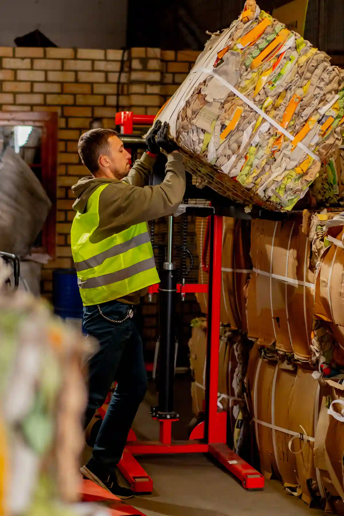 Worker using a manual stacker to handle a heavy compressed material bale safely in a warehouse environment.