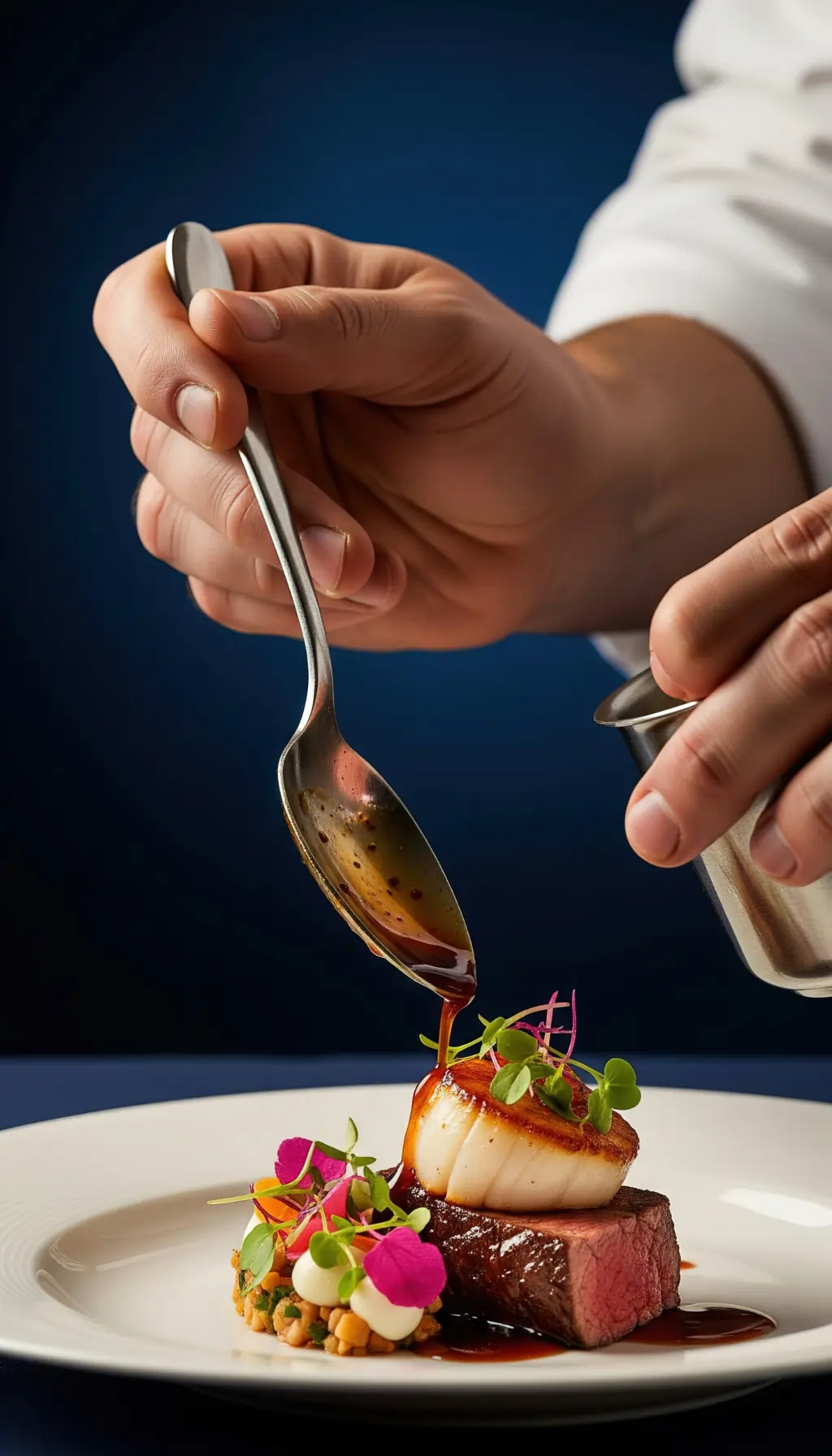 Chef carefully spooning sauce over a plated steak and scallop dish during fine dining service.