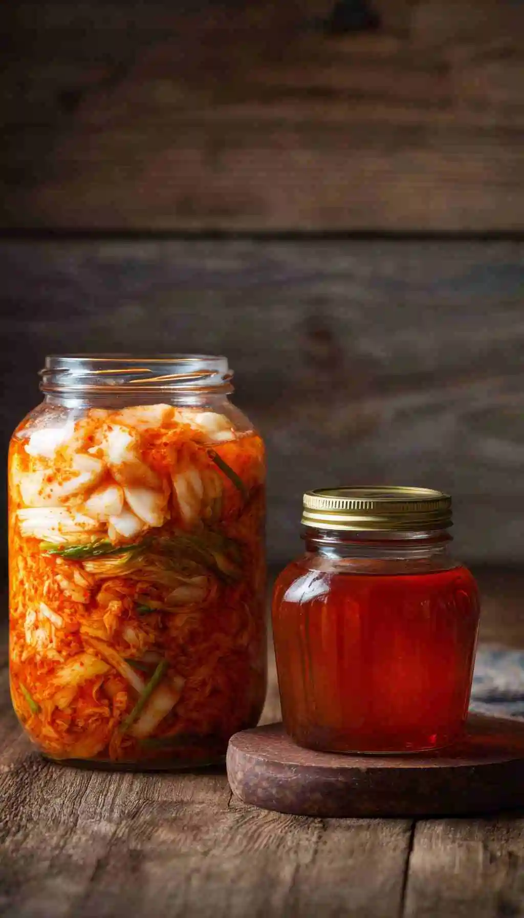 Two glass jars filled with traditional fermented foods, including vibrant red kimchi and a jar of amber liquid, displayed on a rustic wooden surface.