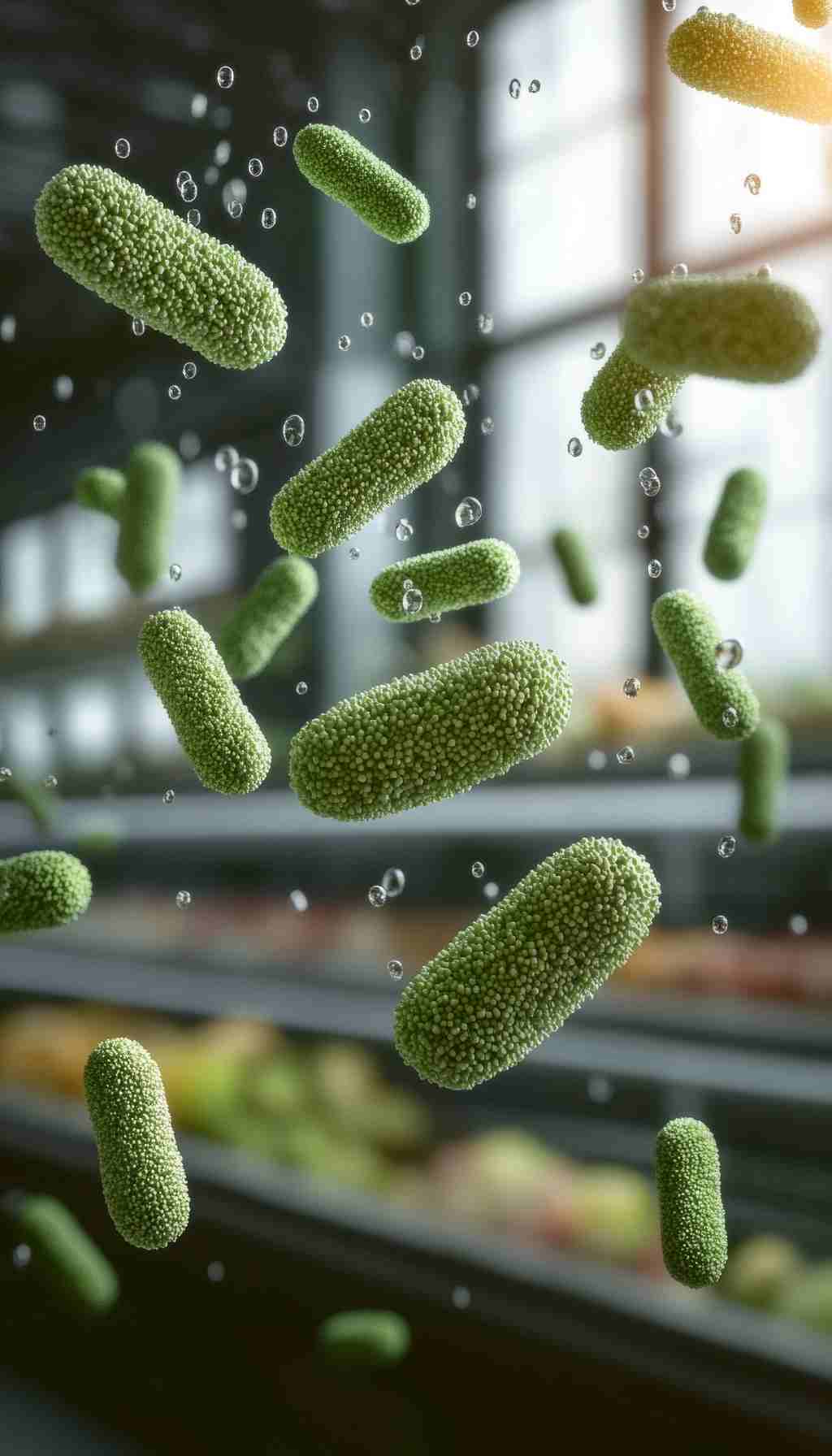 Foodborne Pathogens in Retail Environments: Visualising Cross-Contamination Risks Microscopic green bacteria floating in the air inside a food retail or kitchen environment, illustrating the risk of airborne contamination and foodborne illness.