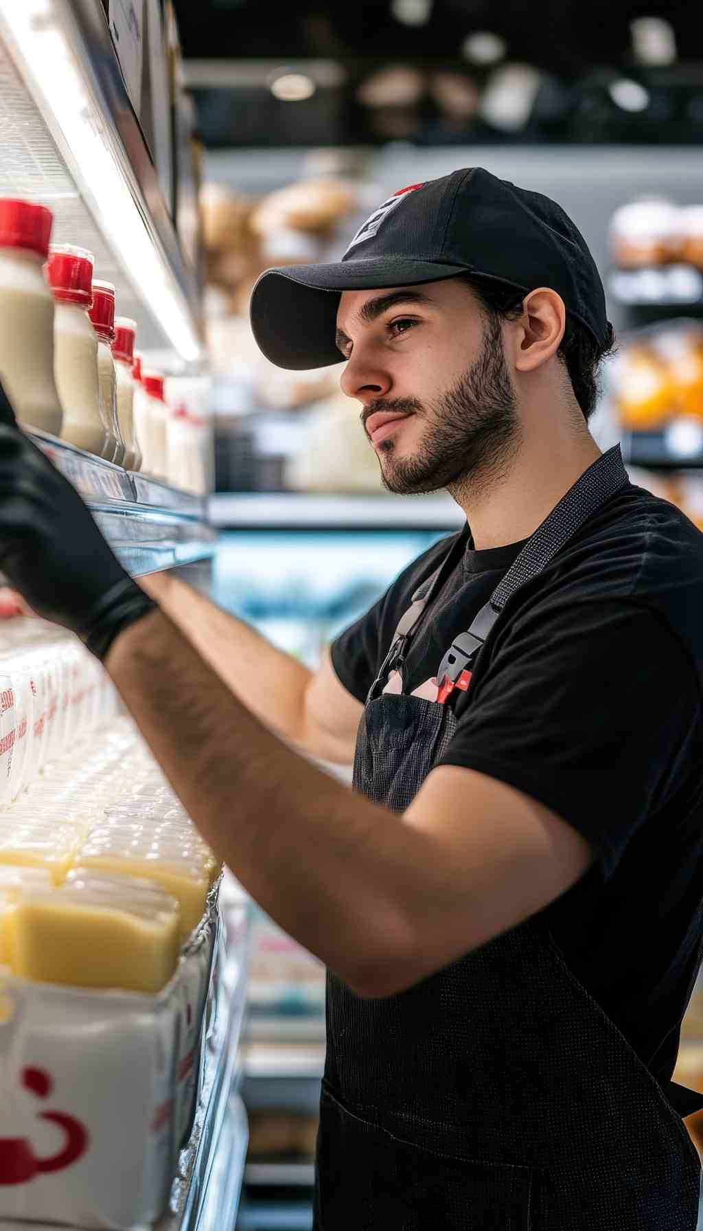 Food Contractor Restocking Chilled Products – Allergen Control Responsibility Food service contractor restocking chilled products while wearing gloves, highlighting allergen control and hygiene oversight responsibilities.