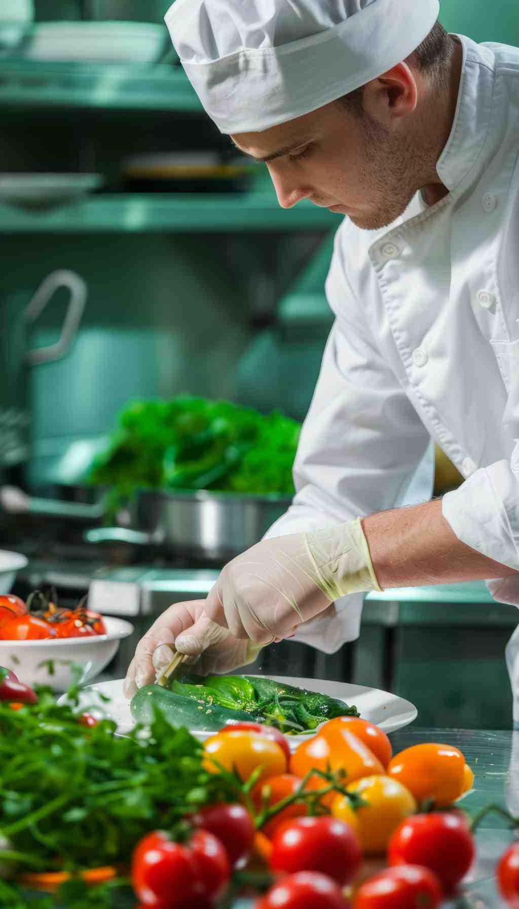 Chef wearing a white uniform and gloves preparing fresh vegetables on a plate in a commercial kitchen, surrounded by colourful produce.