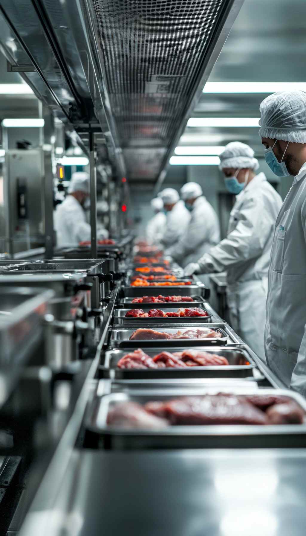 Workers in protective clothing and masks handling trays of raw meat on a processing line inside a modern food production facility.