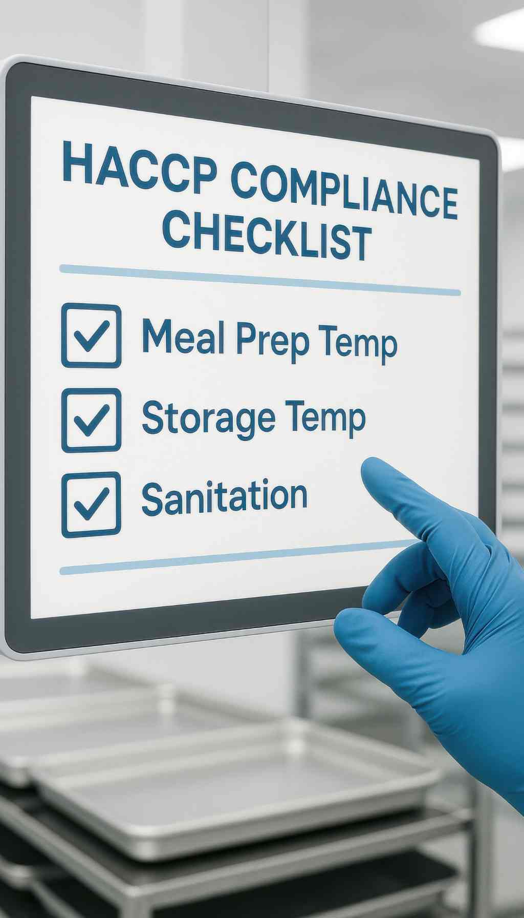 Gloved hand interacting with a digital HACCP compliance checklist displaying meal preparation temperature, storage temperature, and sanitation requirements.