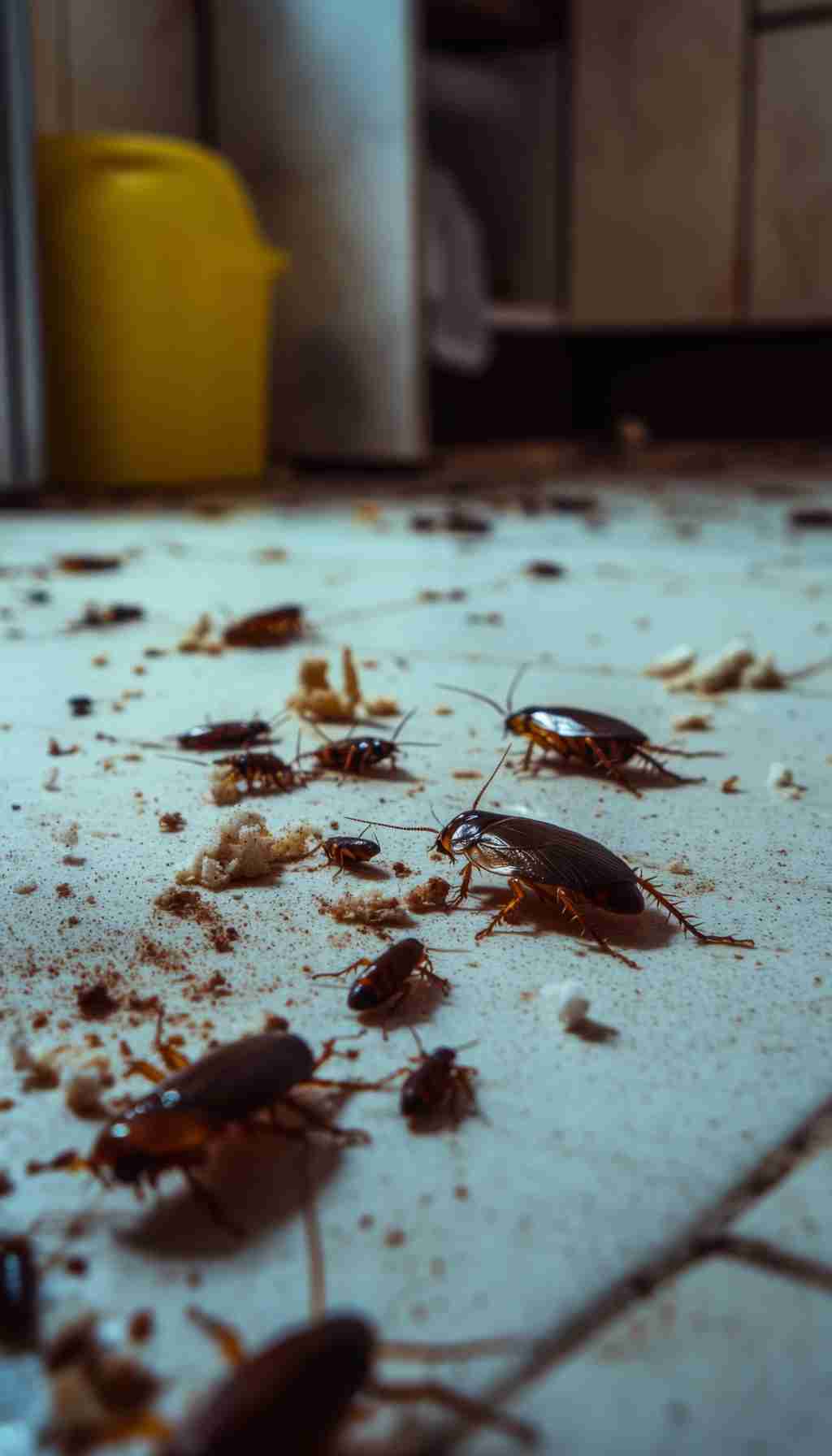 Severe Cockroach Infestation on Dirty Kitchen Floor Close-up of multiple cockroaches crawling on a dirty kitchen floor covered in food debris, showing a serious pest infestation.
