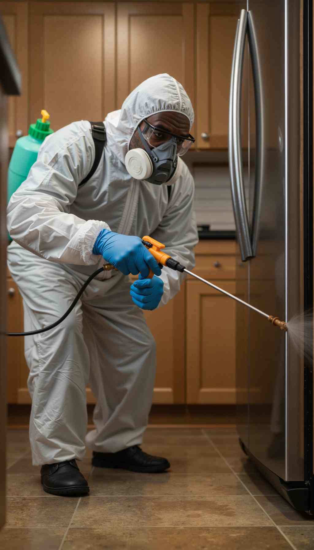 Professional Pest Control Technician Treating Kitchen Area for Infestations Pest control technician in full protective gear spraying insecticide along the base of a kitchen appliance to eliminate pests.