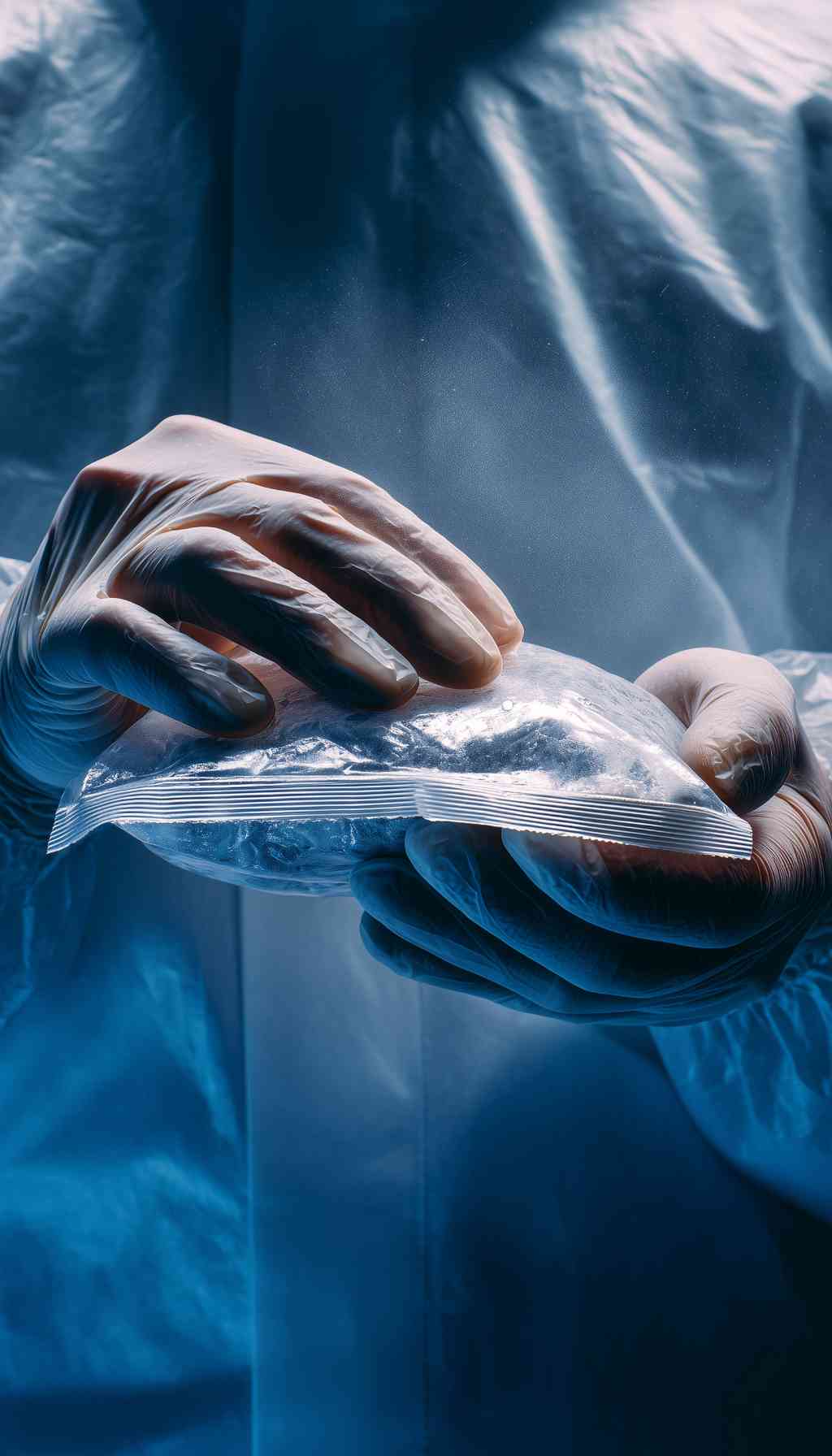 Safe Handling of Sealed Food Ingredients in Controlled Environment Close-up of gloved hands holding a sealed plastic bag containing a powdered food ingredient in a sterile environment.