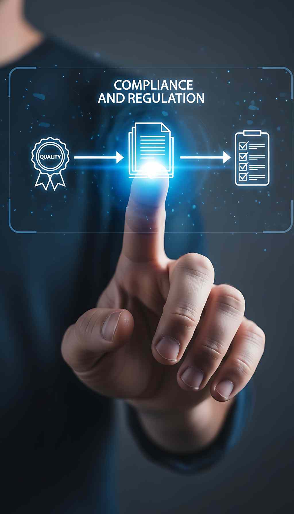 Digital Interface Highlighting Compliance and Regulatory Requirements Hand touching a digital interface displaying icons for quality, compliance documents, and regulatory checklists.