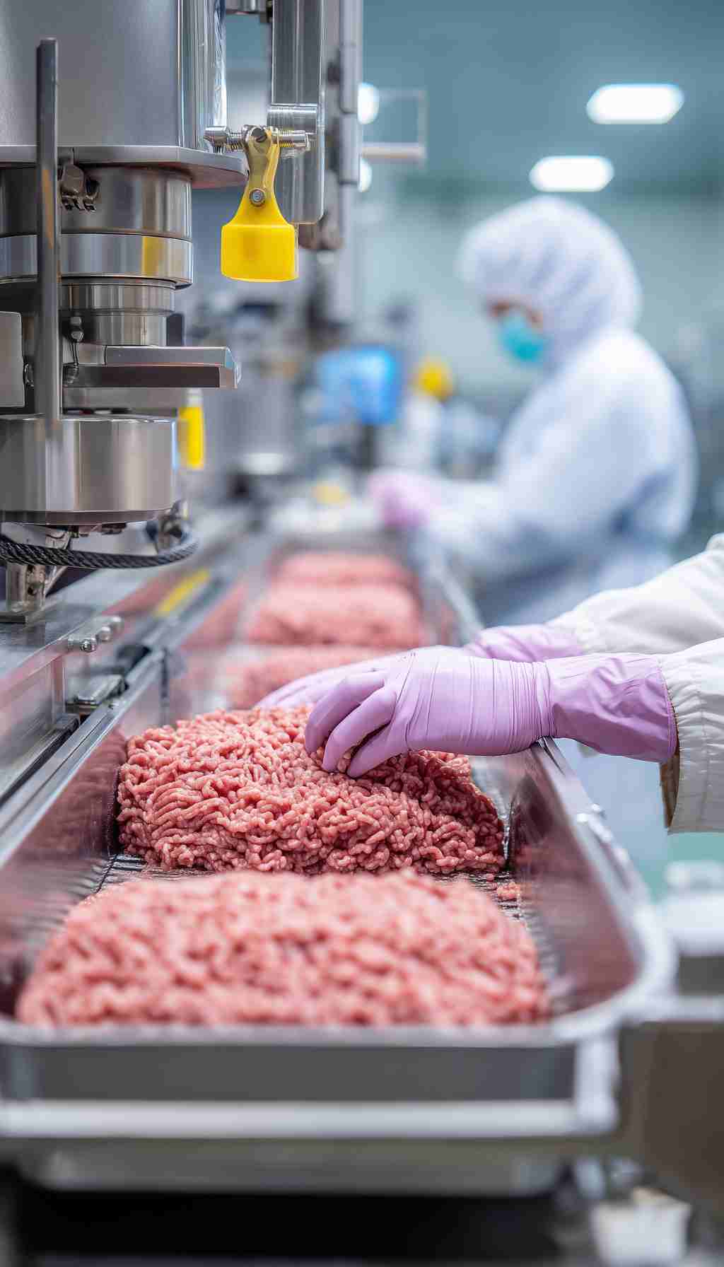 Worker Handling Minced Meat on a Production Line in a Food Processing Facility A worker in protective clothing and gloves handling minced meat on an automated production line in a food processing plant.