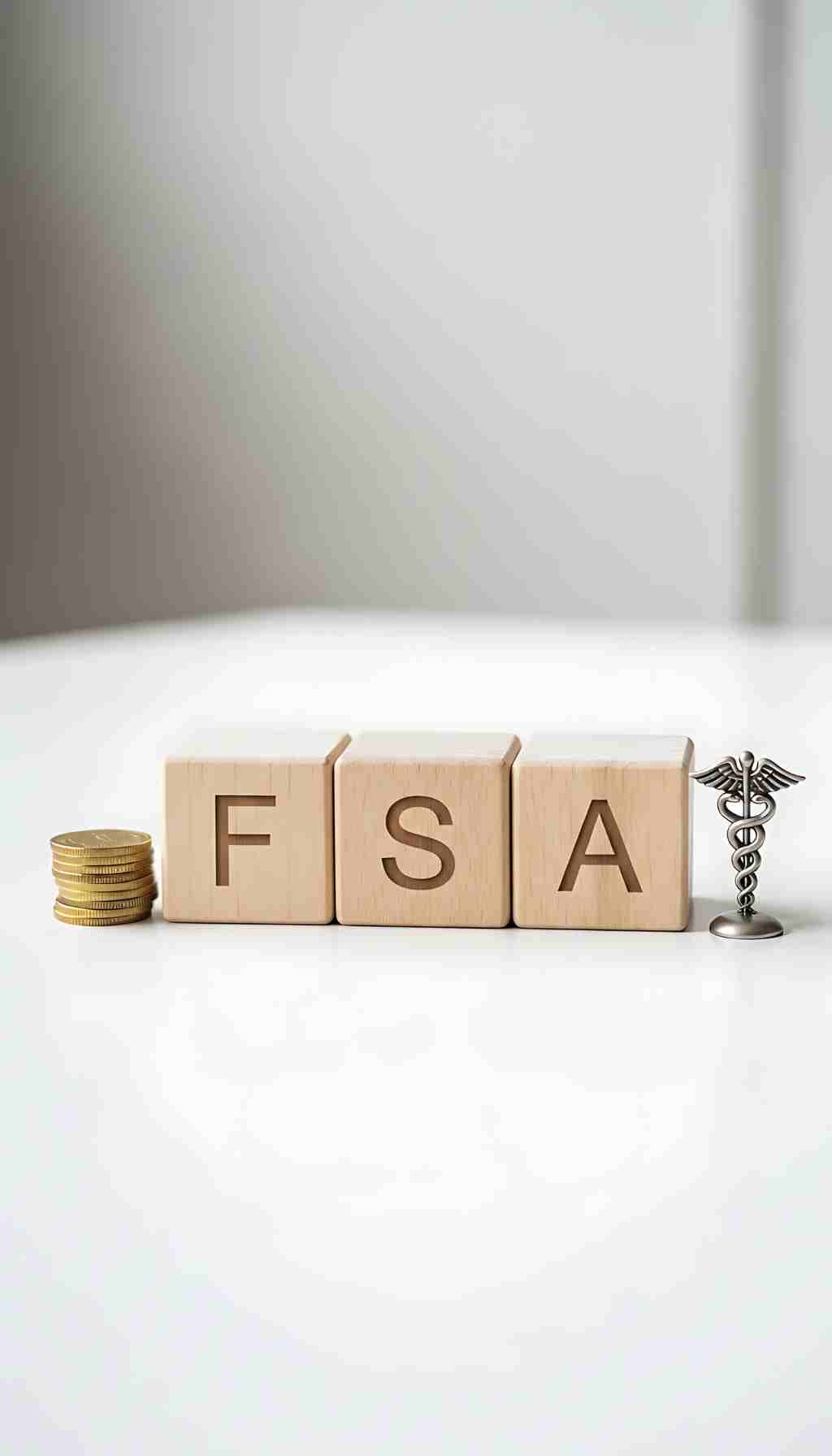 FSA Concept With Wooden Blocks, Coins, and Medical Symbol Wooden blocks spelling “FSA” beside stacked coins and a metal medical caduceus symbol on a white surface.
