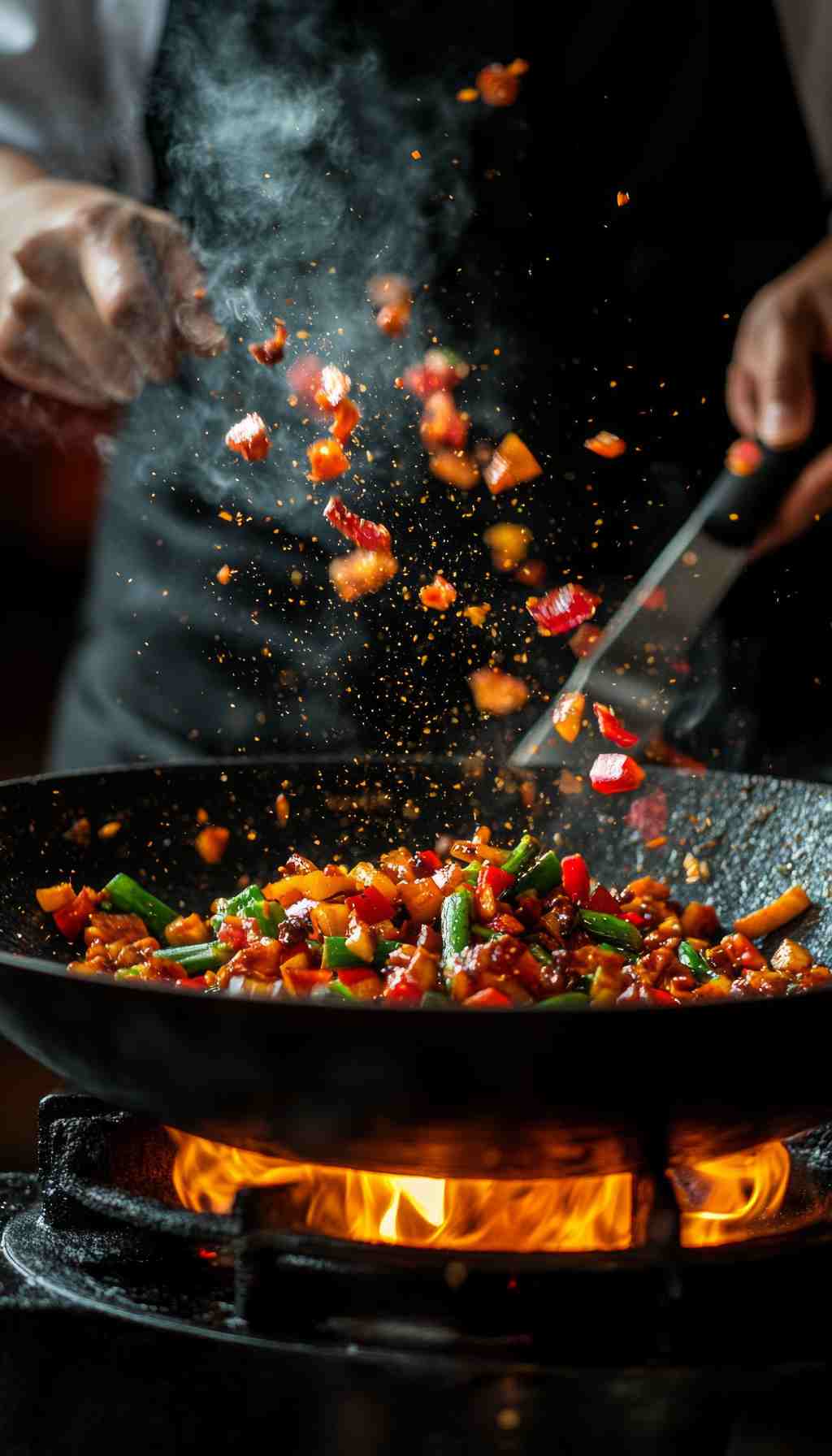 Chef Stir-Frying Vegetables Over High Heat in a Professional Kitchen A chef tossing colourful vegetables in a wok over an open flame, with steam and food pieces rising into the air.