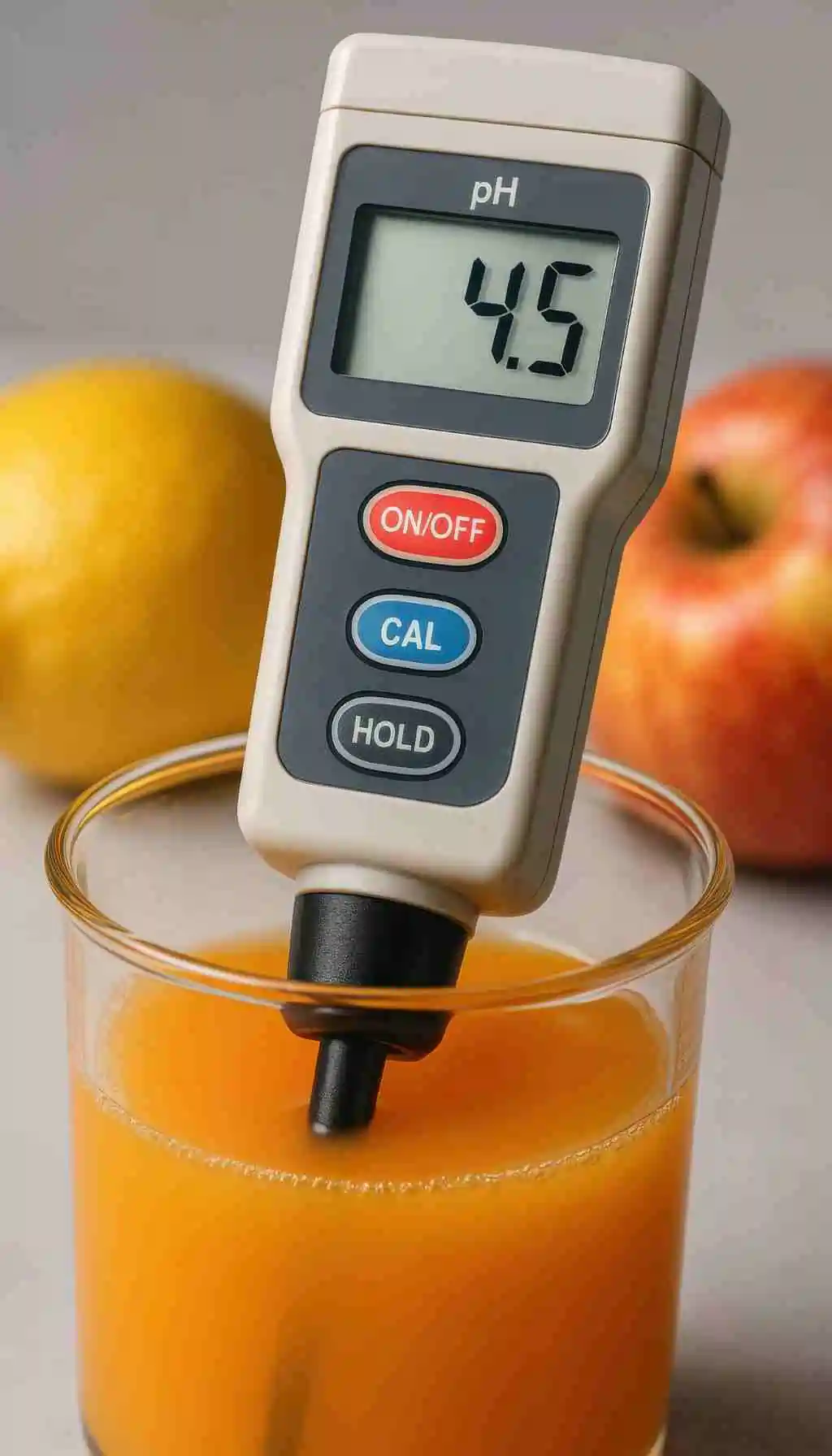 A digital pH meter showing a reading of 4.5 while immersed in a glass of orange-coloured liquid, with lemons and an apple in the background.