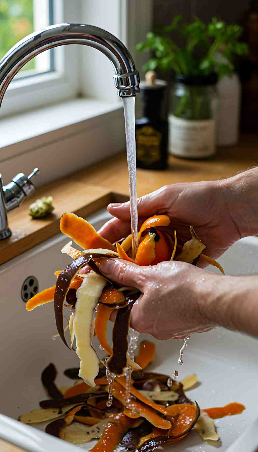 Rinsing Vegetable Peelings Under Running Water in a Kitchen Sink Hands rinsing vegetable peelings under a running tap in a kitchen sink, with carrot and potato skins visible.
