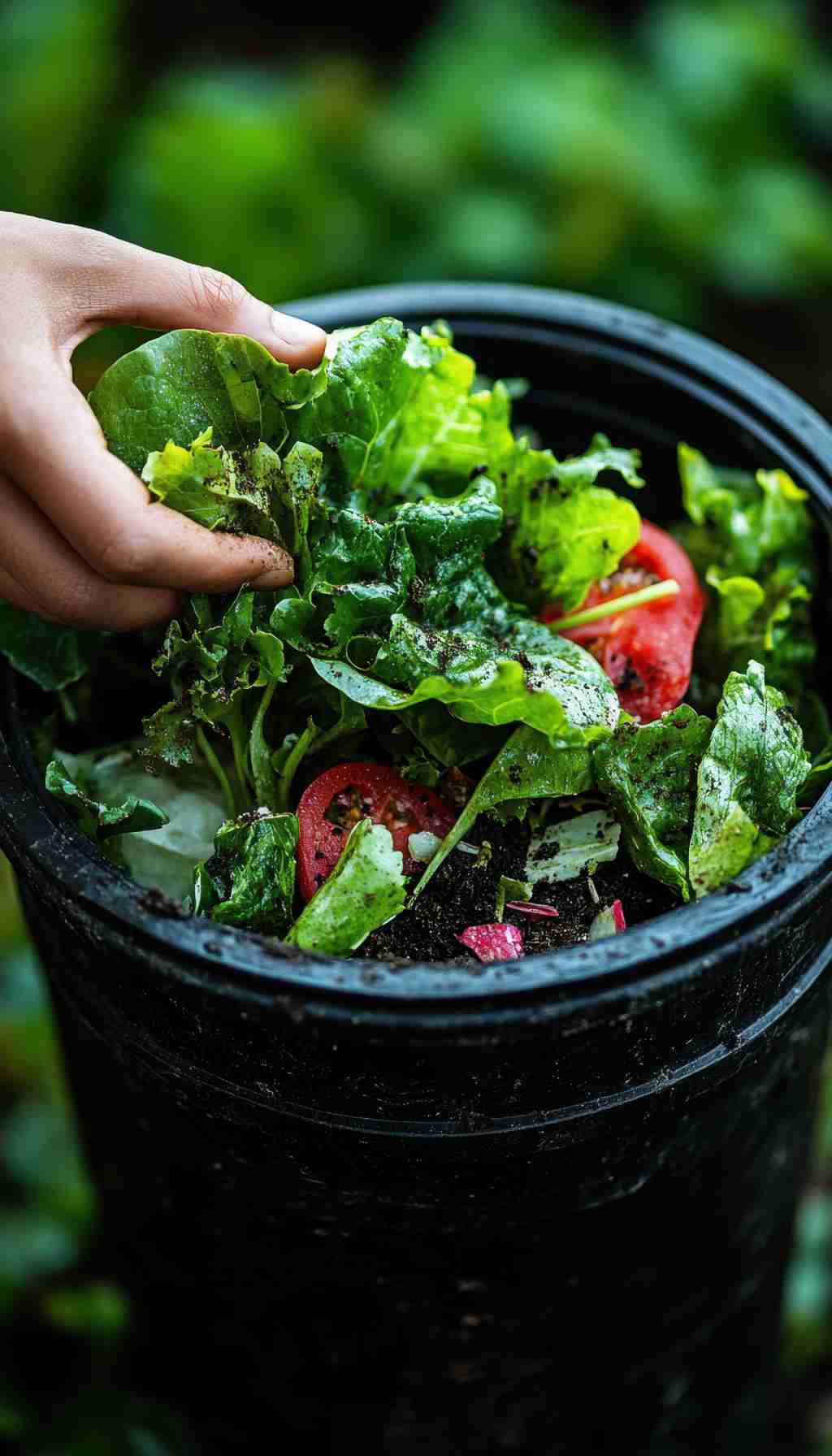 Fresh Food Scraps Being Added to a Compost Bin A hand placing wilted salad greens and vegetable scraps into a black compost bin outdoors.