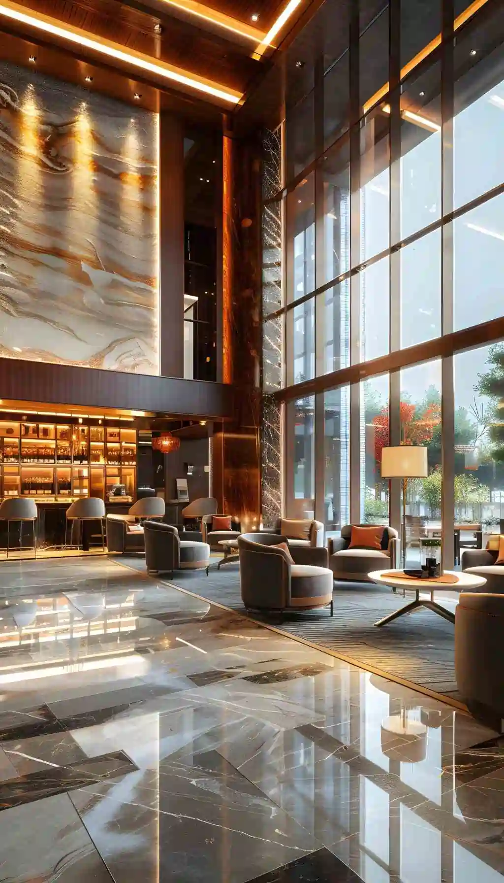 Modern hotel lobby lounge with bar seating, large windows, and contemporary interior design