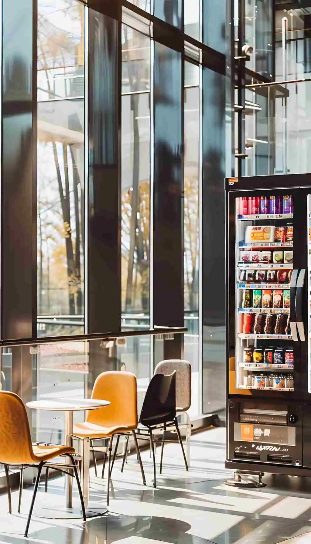 Office Vending Machine in Corporate Building – Facilities Management Food Safety Risk Vending machine located in a modern office building seating area, highlighting food safety and allergen oversight responsibilities in facilities management.