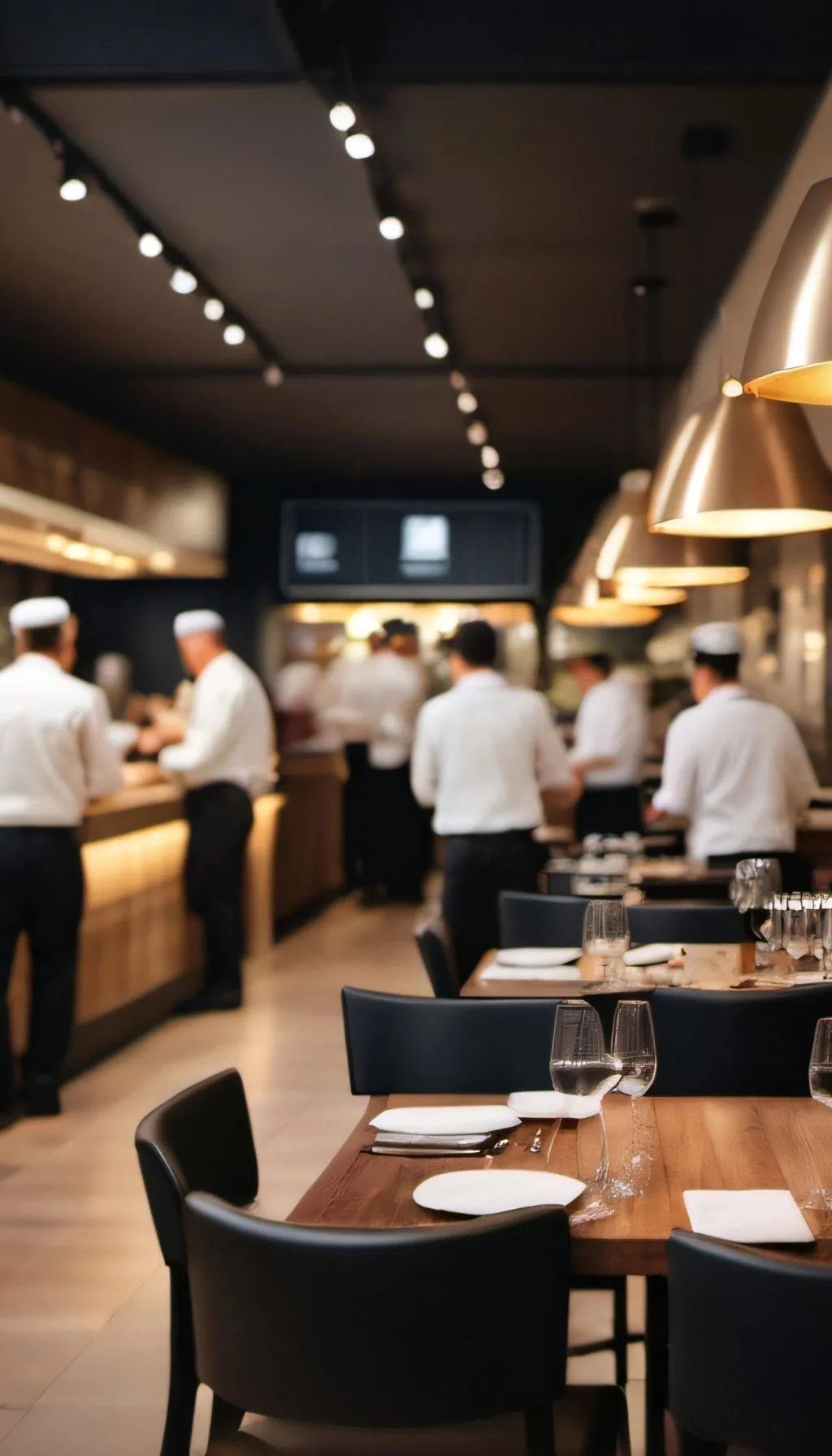 Restaurant dining room with set tables in the foreground and chefs working in an open kitchen during service preparation.