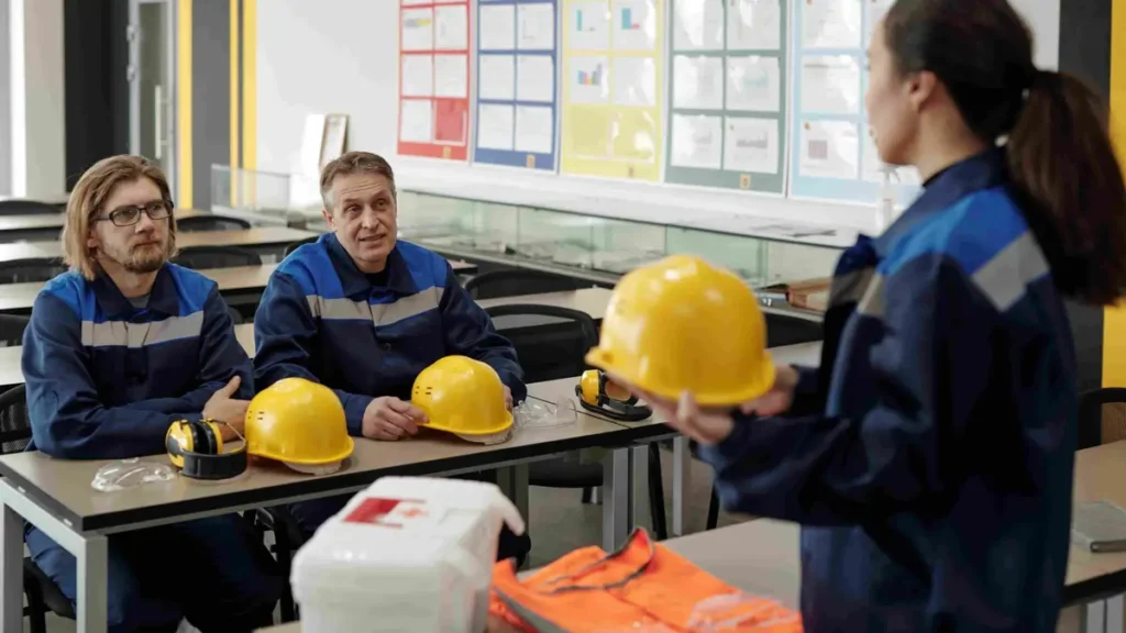 A team of employees wearing safety gear and discussing workplace safety procedures, symbolising leadership and employee engagement in building a positive safety culture in Irish organisations.