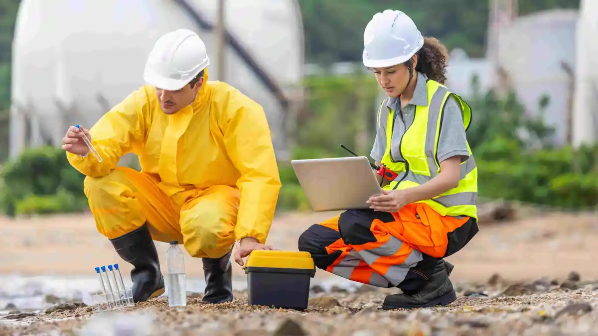 Two workers wearing safety gear collecting environmental samples, with one analysing a test tube and the other recording data on a laptop at an outdoor industrial site.