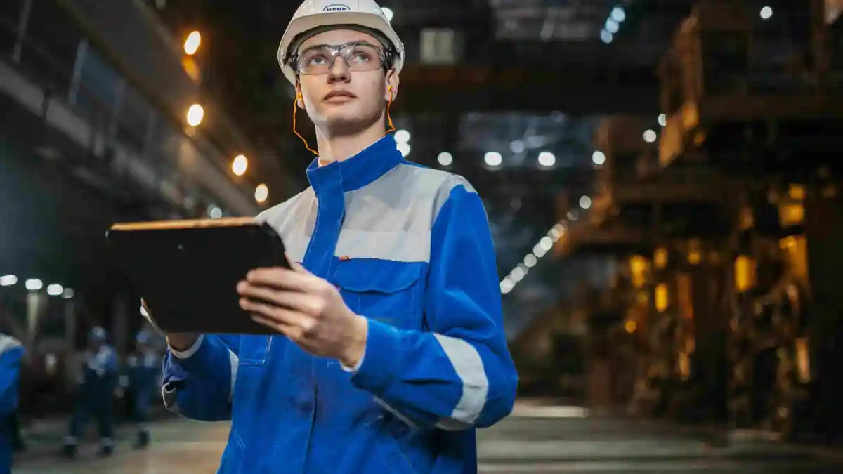 Industrial Safety Technician Using Digital Inspection Tools A worker in a hard hat and protective eyewear holding a tablet while conducting a safety inspection inside an industrial facility.