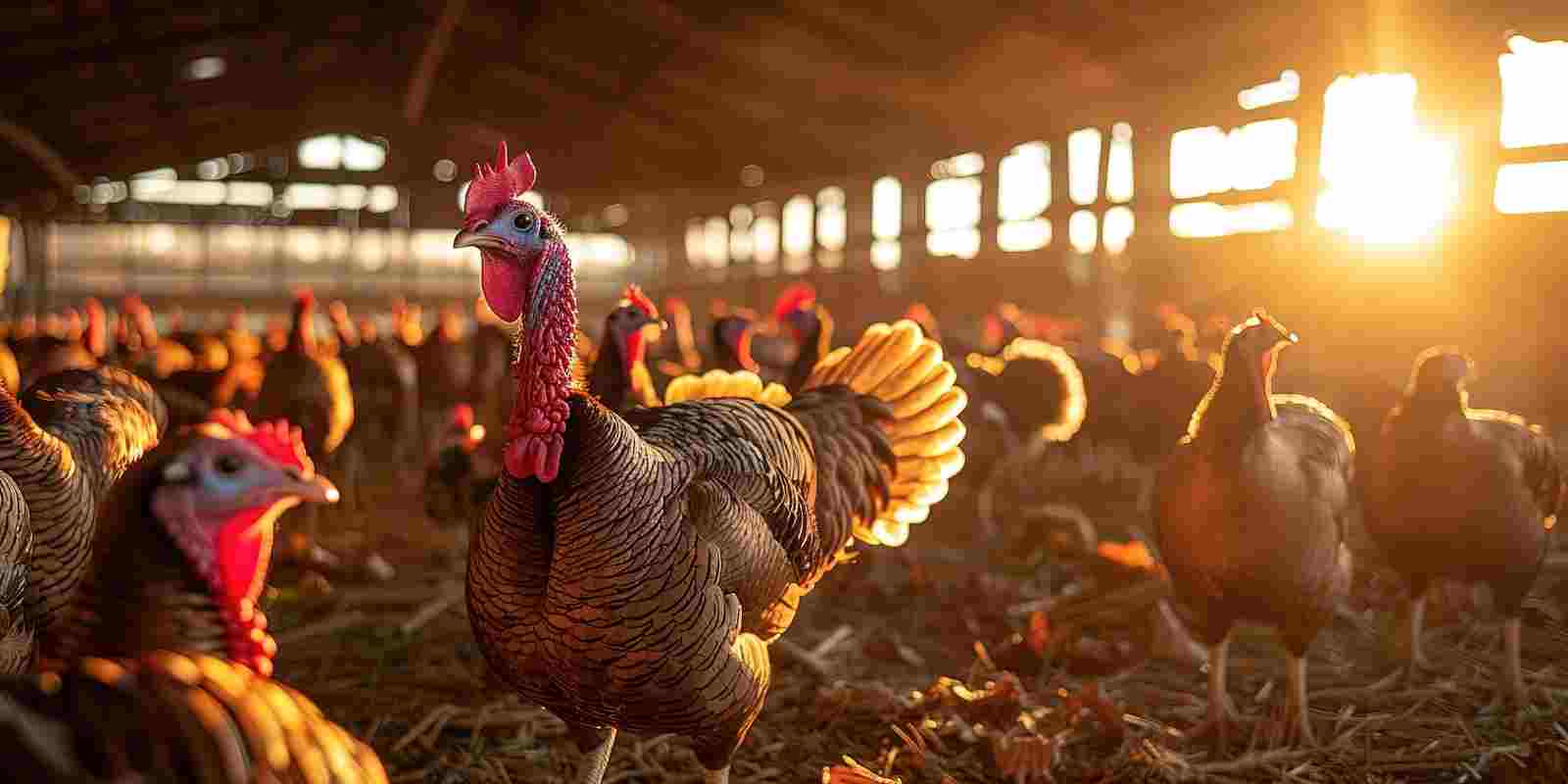 Turkeys in a Sunlit Barn on an Irish Poultry Farm Group of turkeys standing in a barn with warm sunlight shining through the windows on a poultry farm.
