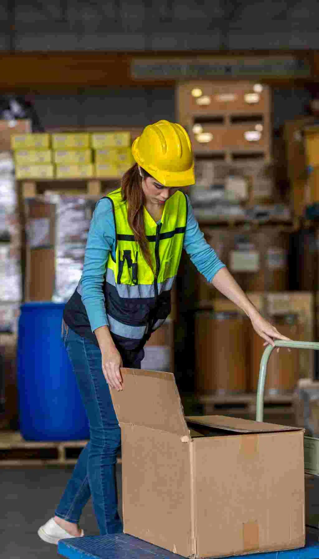 Female warehouse worker wearing PPE while opening a cardboard box and preparing a load for safe manual handling tasks.