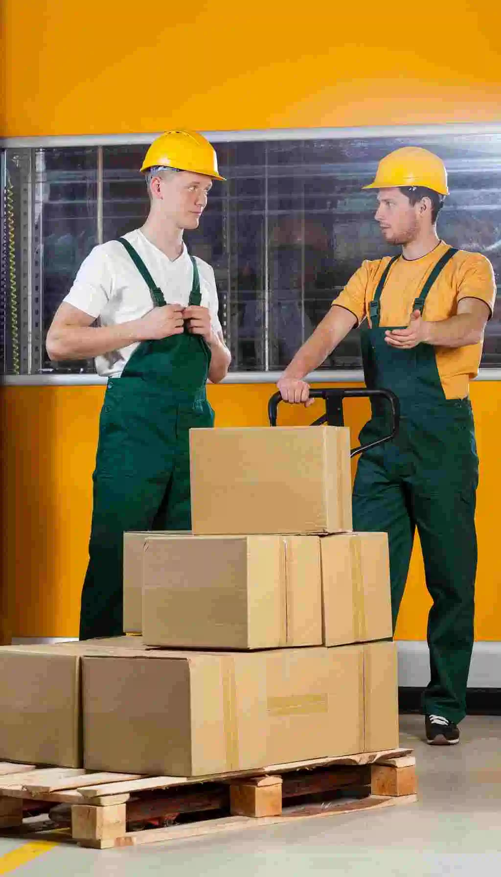 Two warehouse workers wearing hard hats discussing safe manual handling procedures beside a pallet of boxes and a pallet truck.