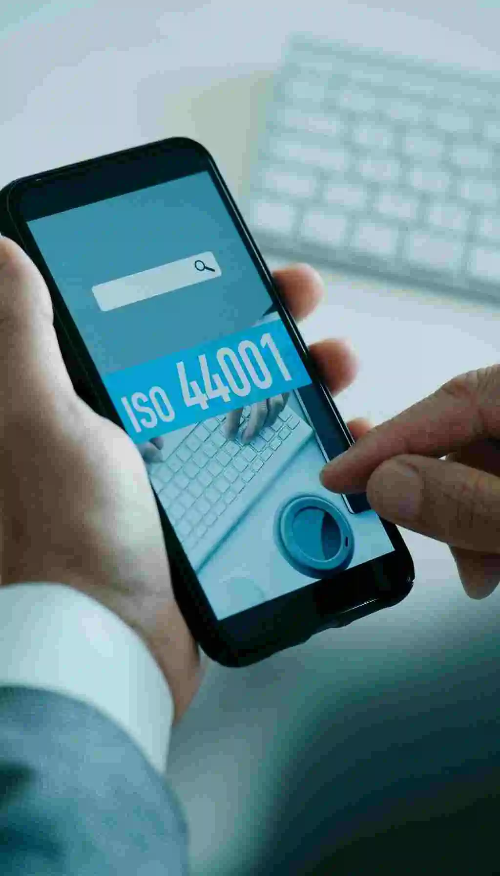 ISO 44001 Collaboration Management on Mobile Device Person holding a smartphone displaying a search bar and the text “ISO 44001,” with a keyboard and a coffee cup in the background.